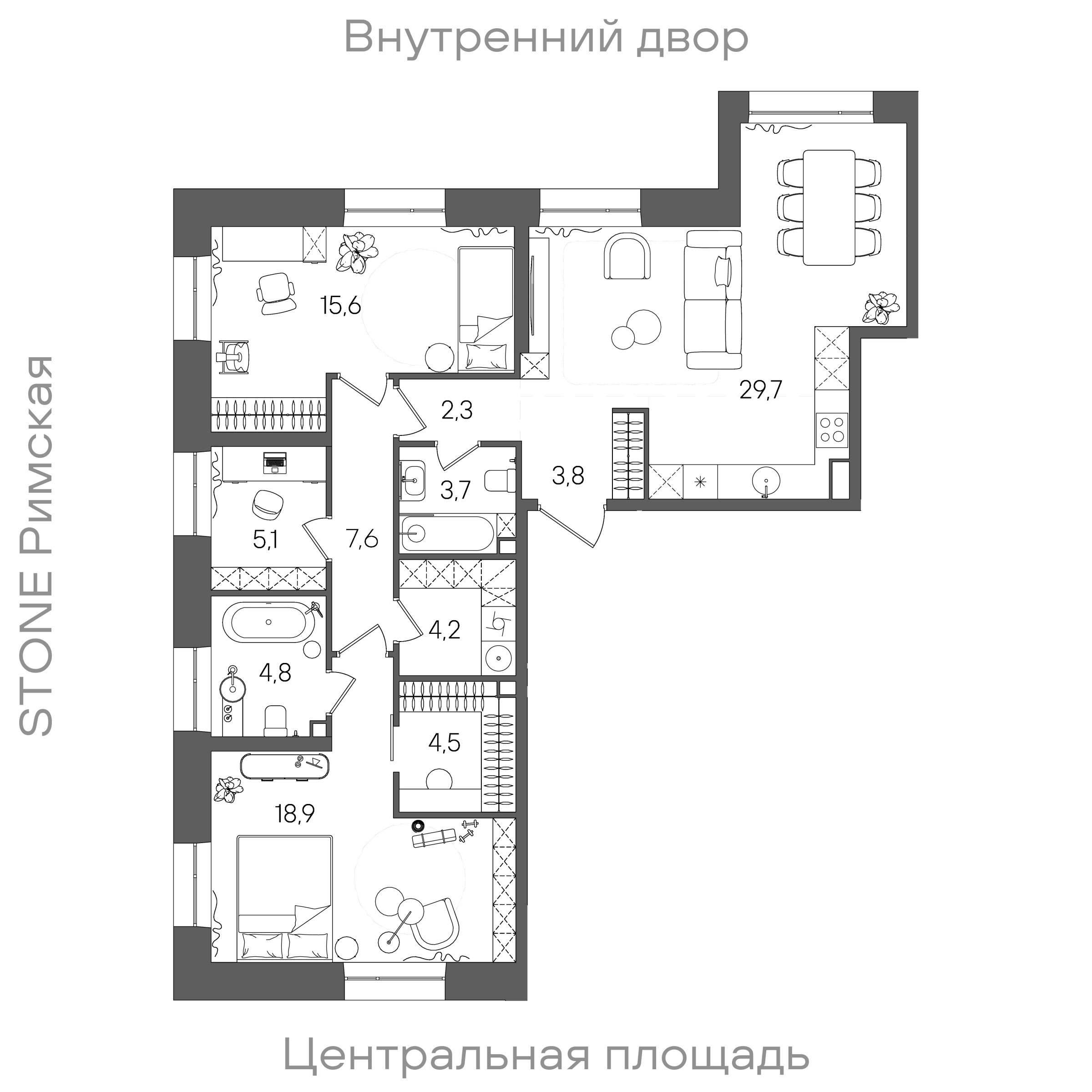 Планировка: 2-комнатная, 97,9 м²