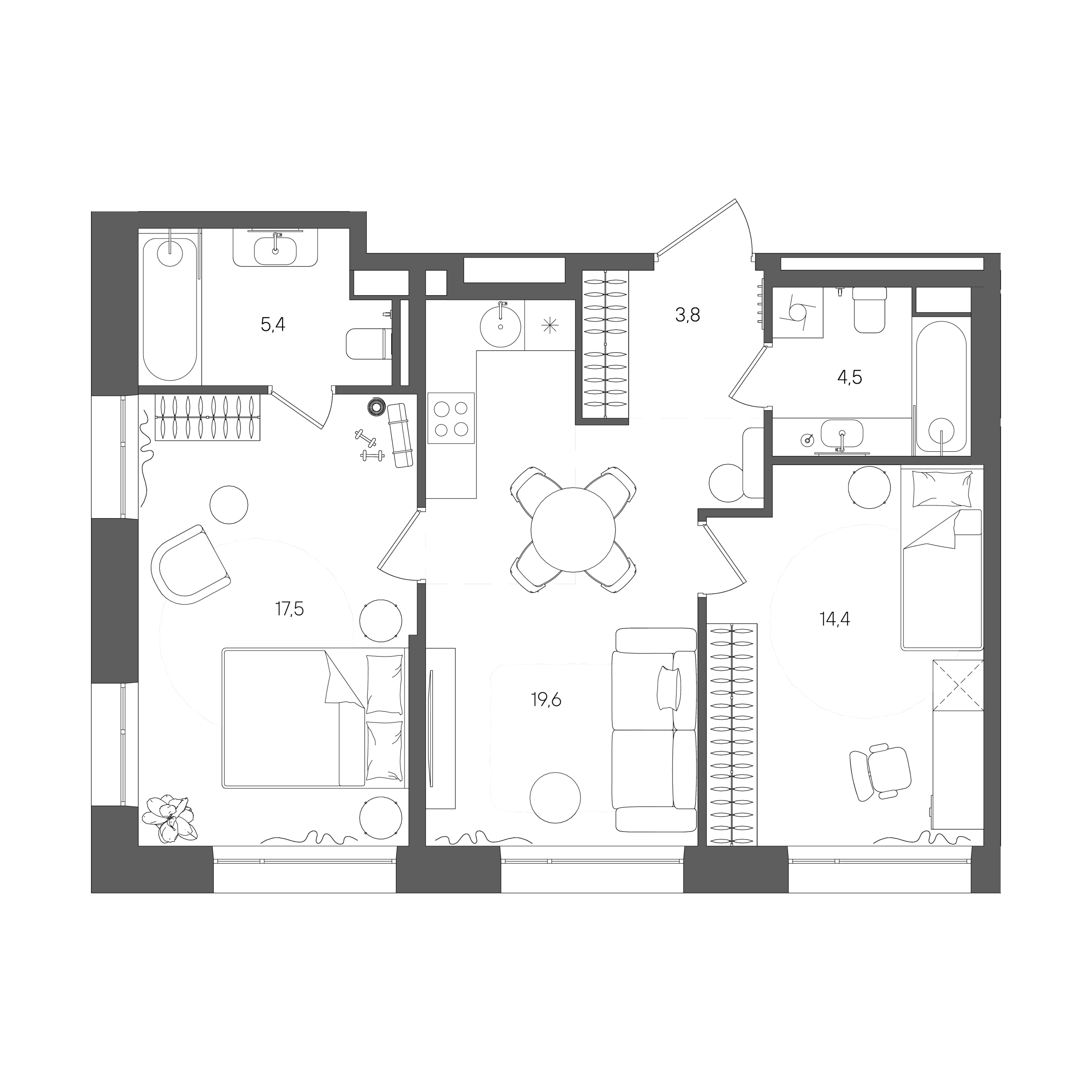 Планировка: 2-комнатная, 65,2 м²