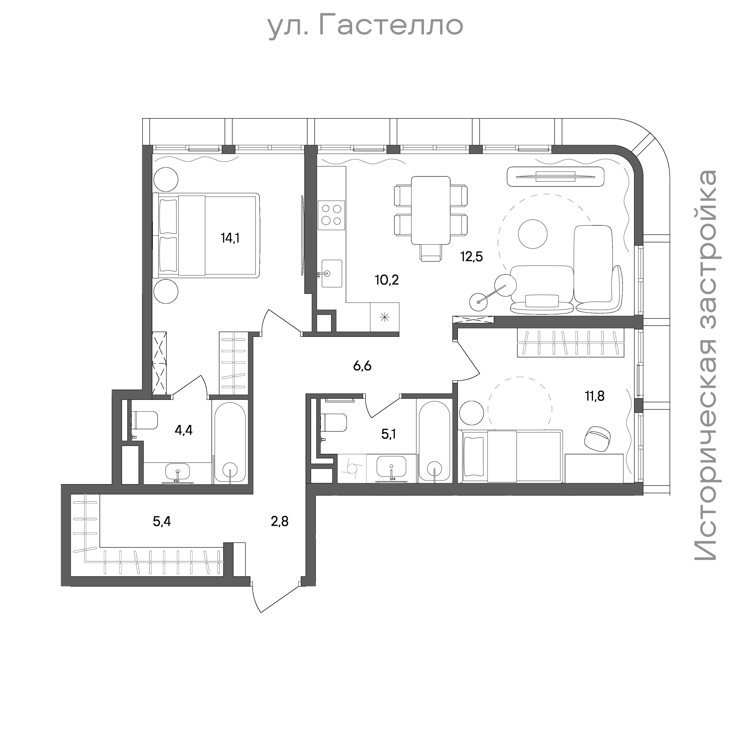 Планировка: 2-комнатная, 72,9 м²