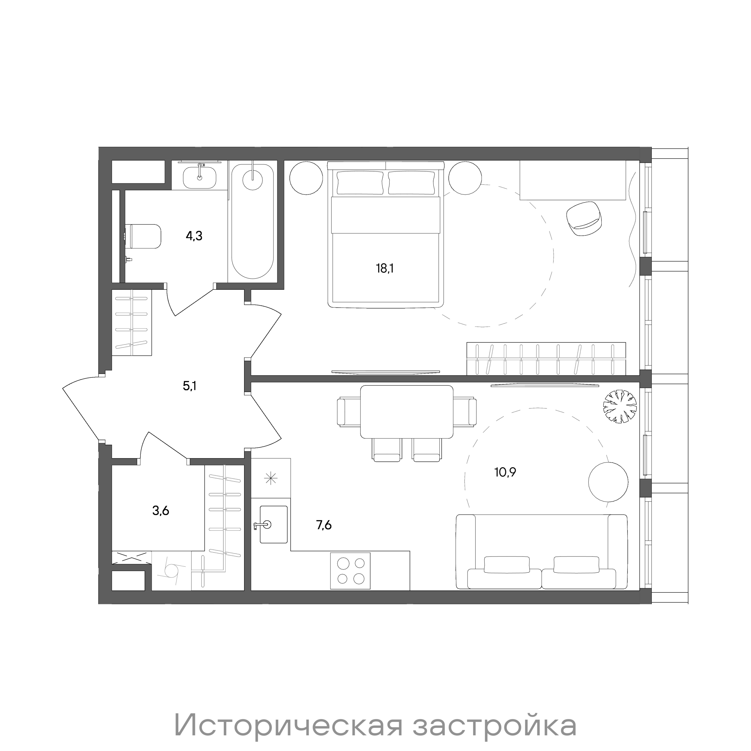Планировка: 1-комнатная, 49,6 м²