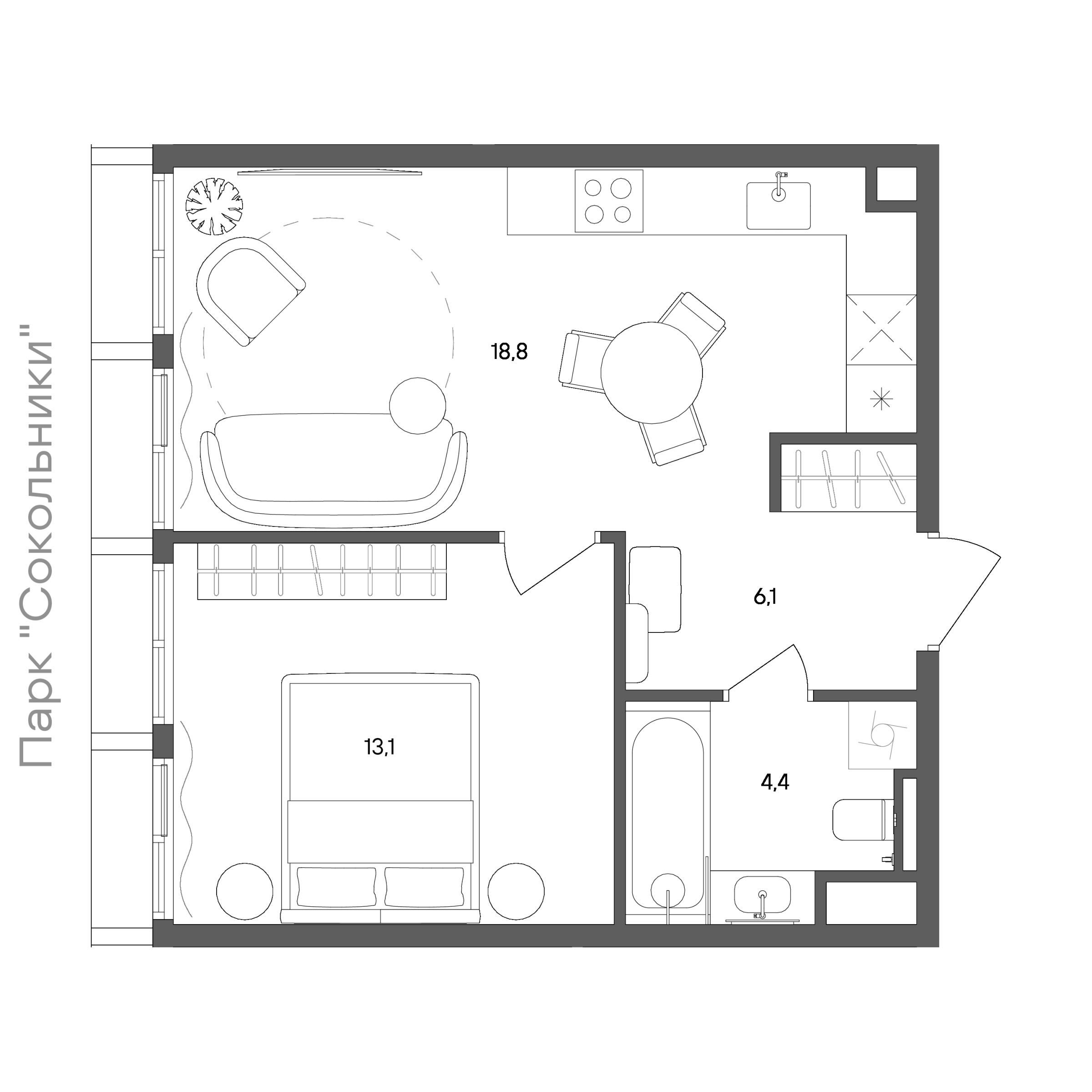 Планировка: 1-комнатная, 42,4 м²