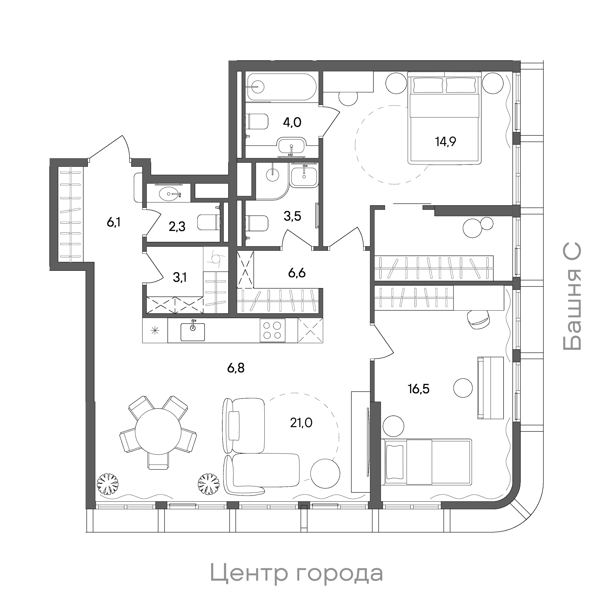 Планировка: 2-комнатная, 89,9 м²