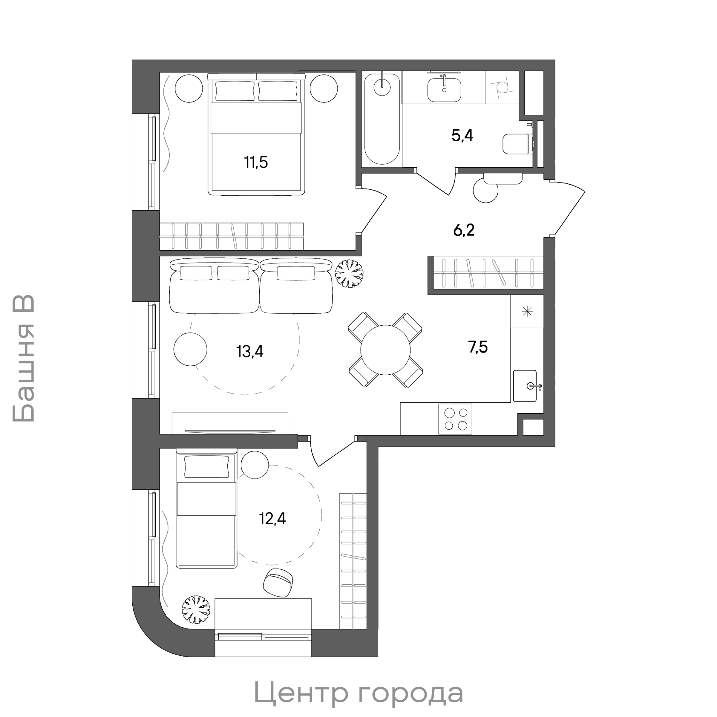 Планировка: 2-комнатная, 56,4 м²