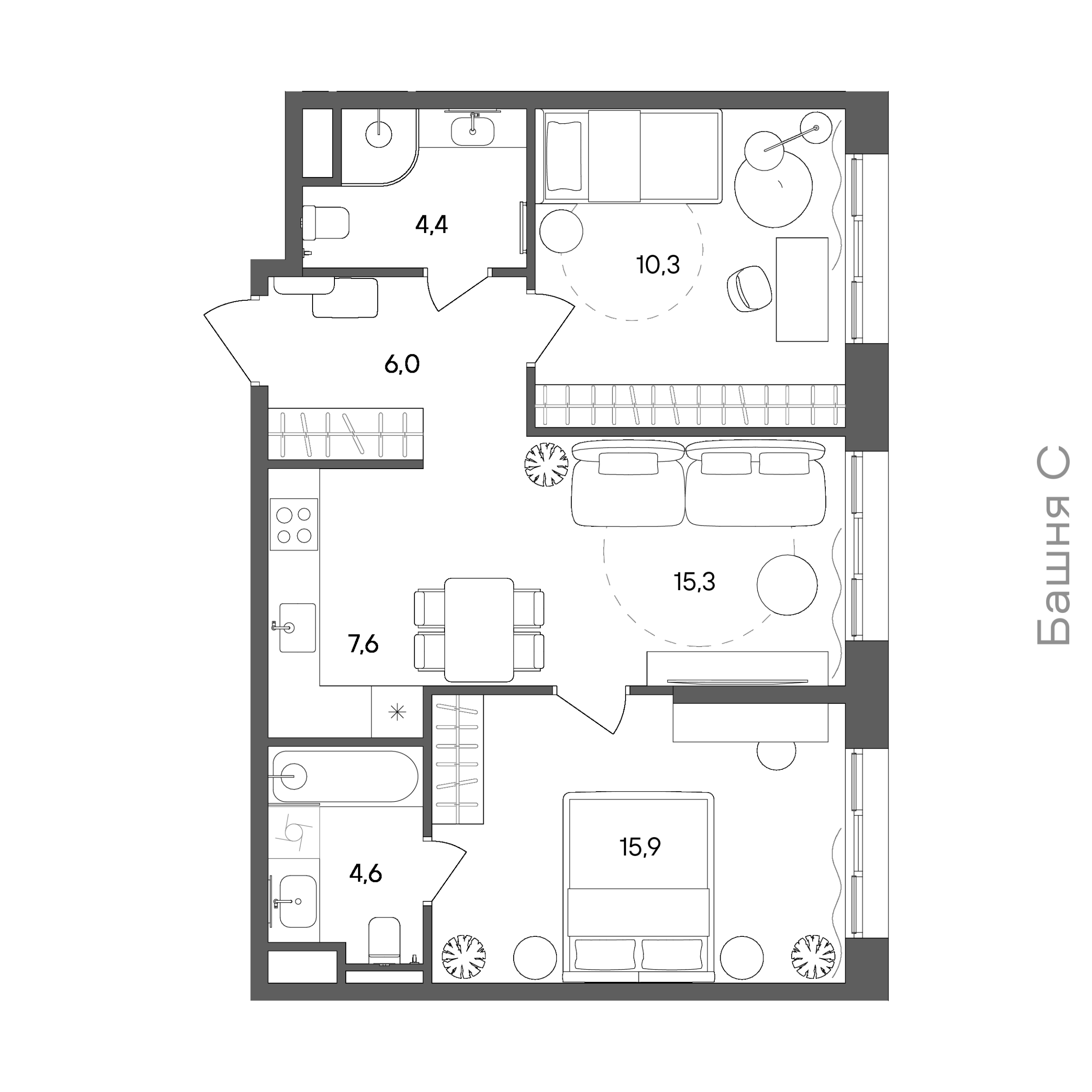 Планировка: 2-комнатная, 64,1 м²