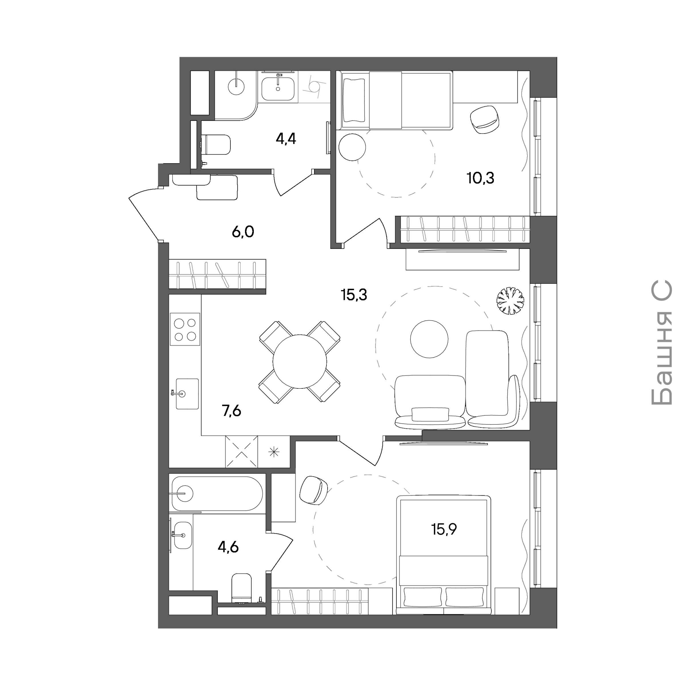 Планировка: 2-комнатная, 64,1 м²