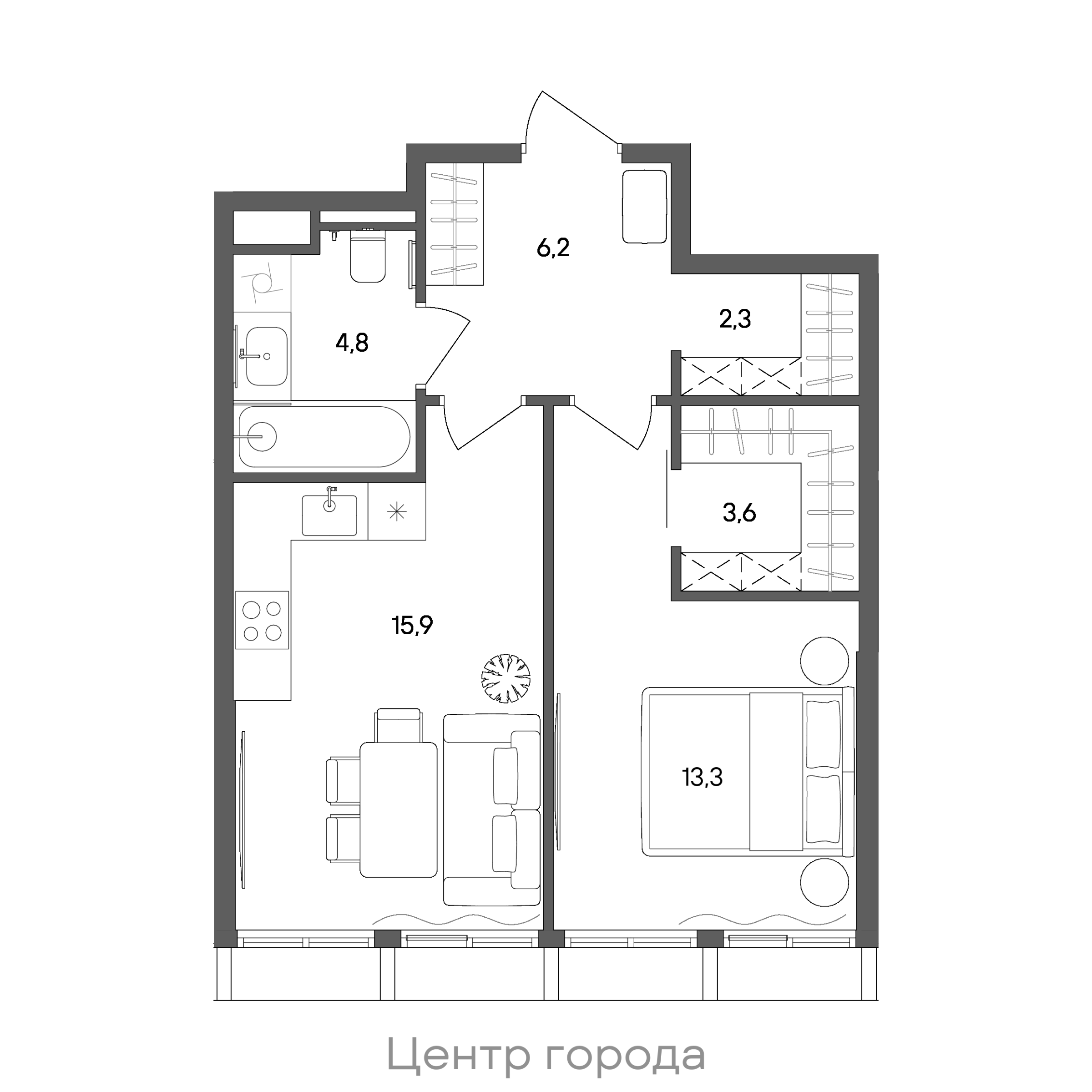 Планировка: 1-комнатная, 46,1 м²