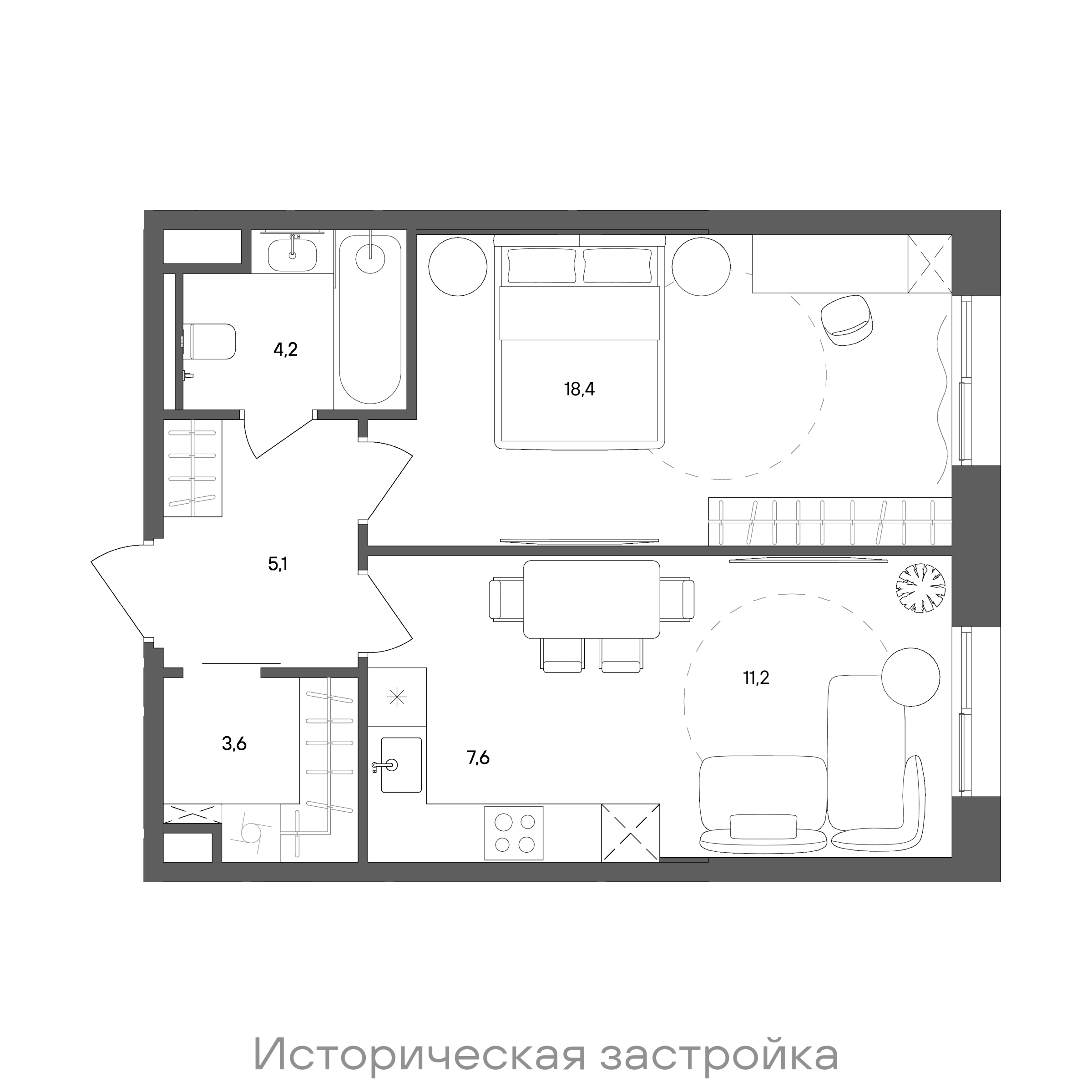 Планировка: 1-комнатная, 50,1 м²