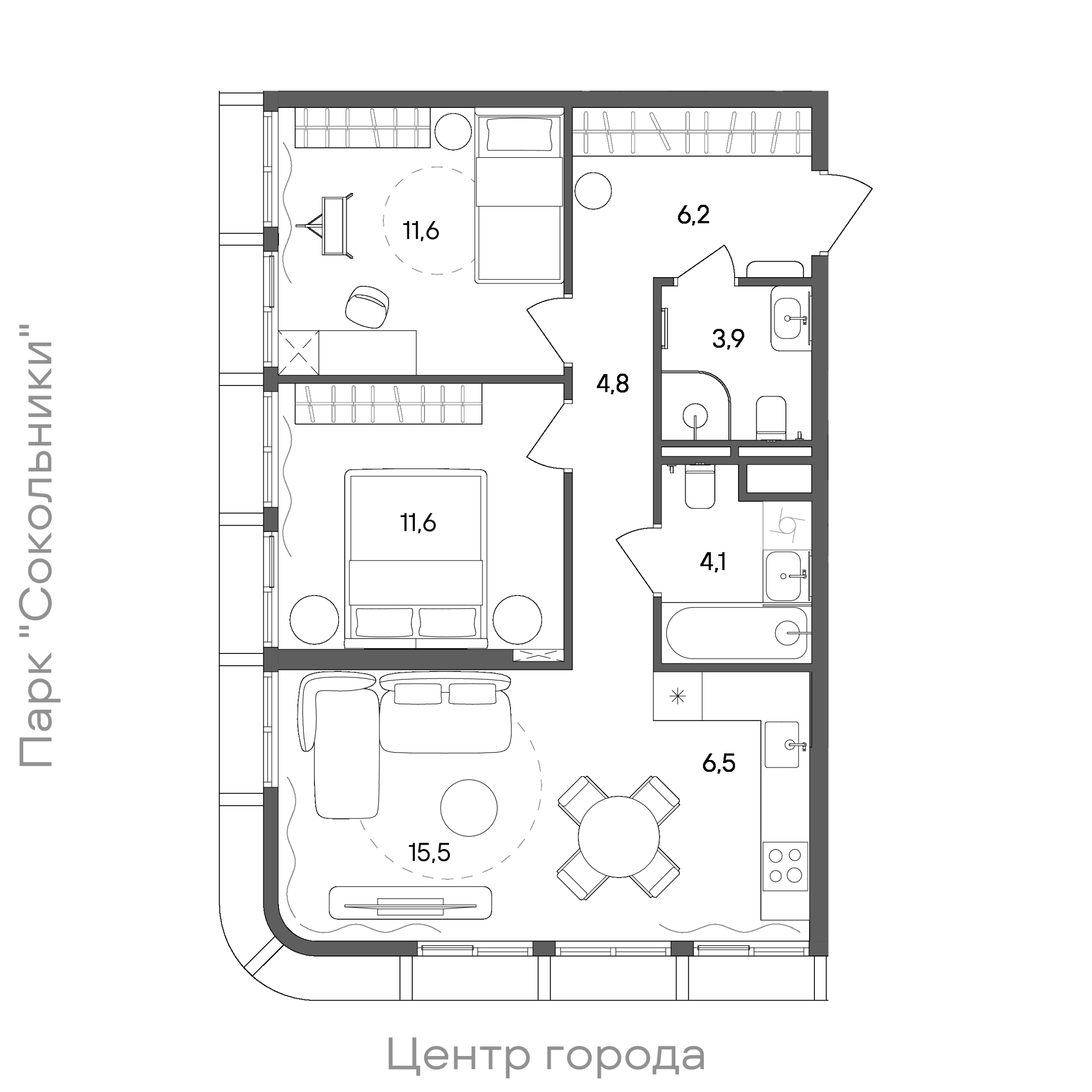 Планировка: 2-комнатная, 64,2 м²
