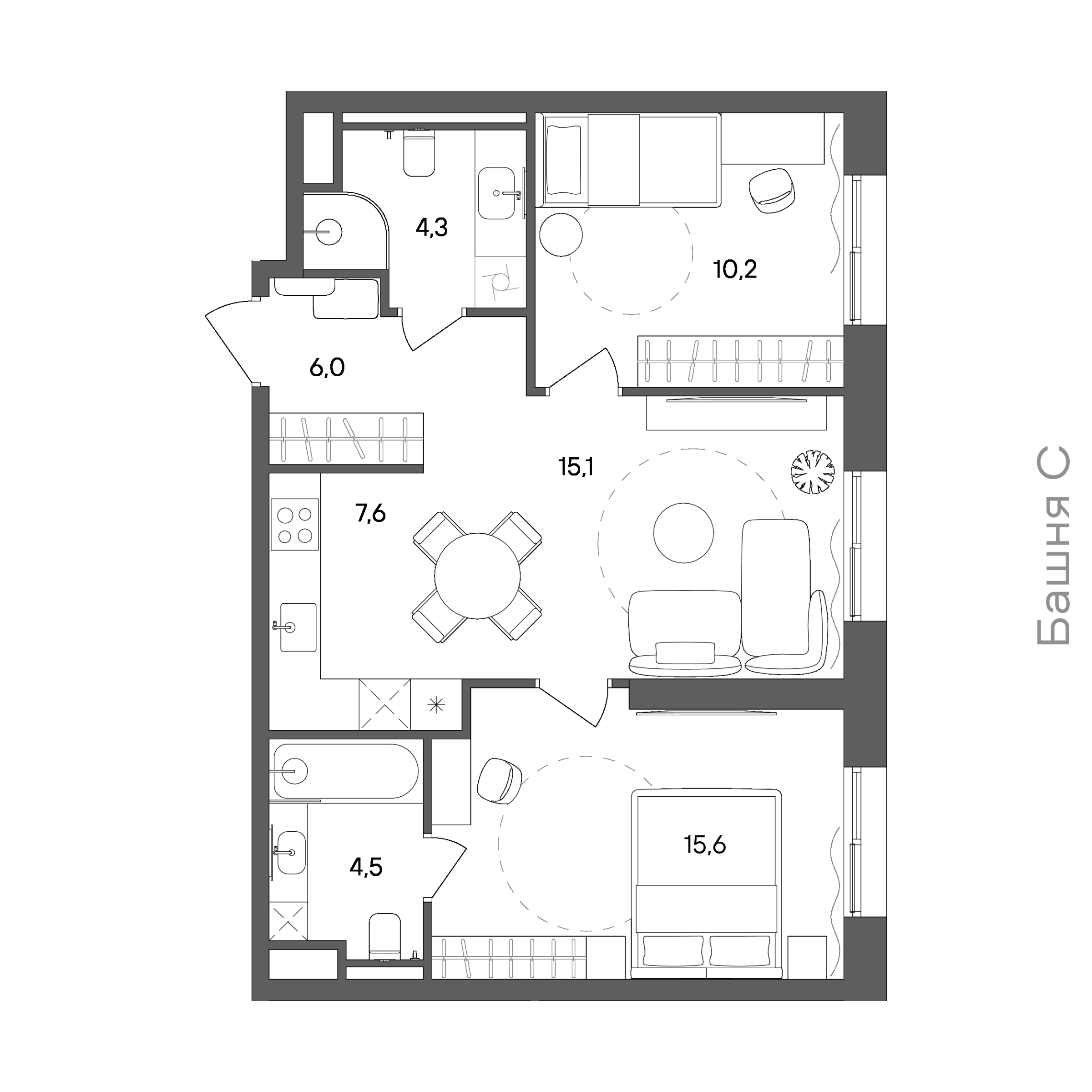Планировка: 2-комнатная, 63,3 м²