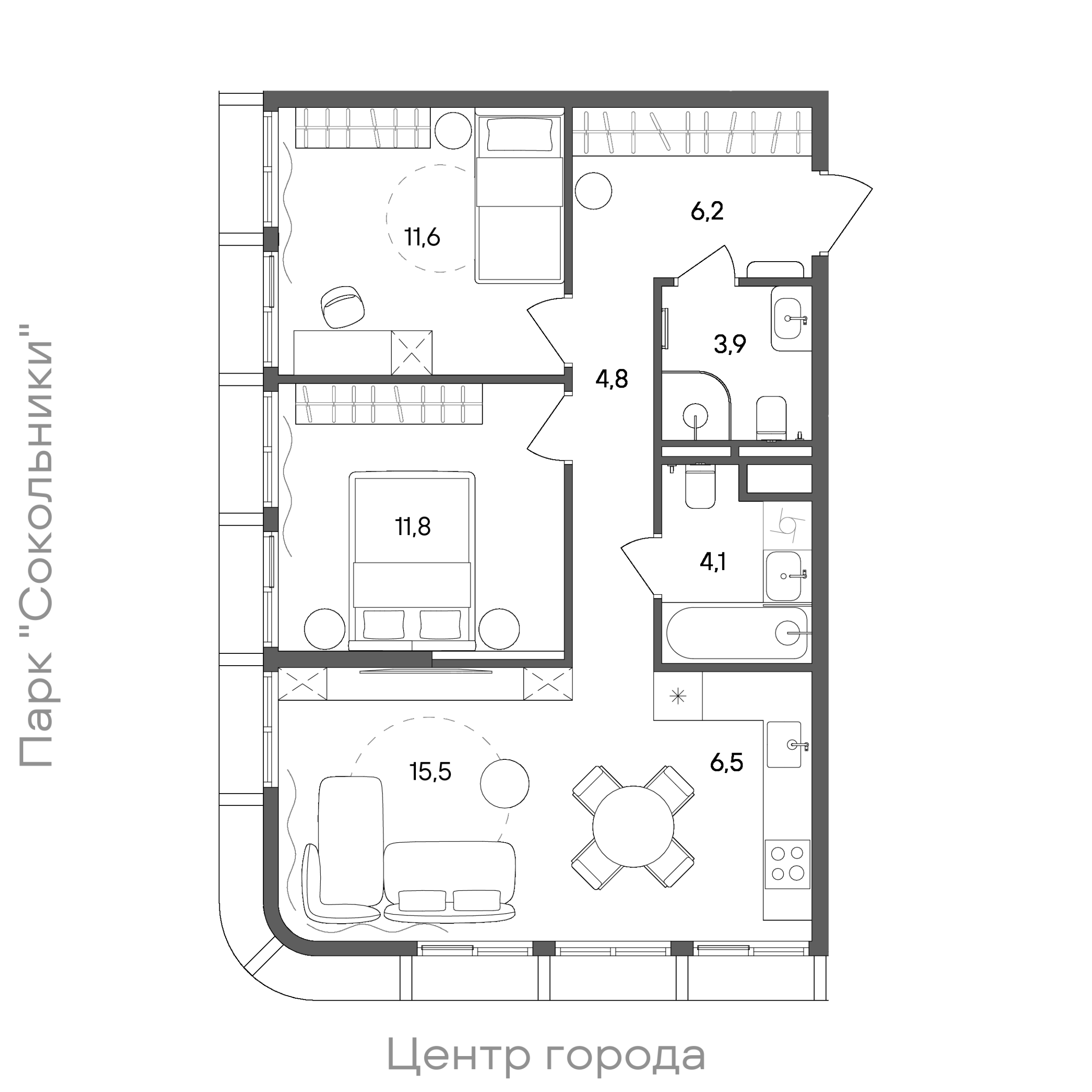 Планировка: 2-комнатная, 64,4 м²