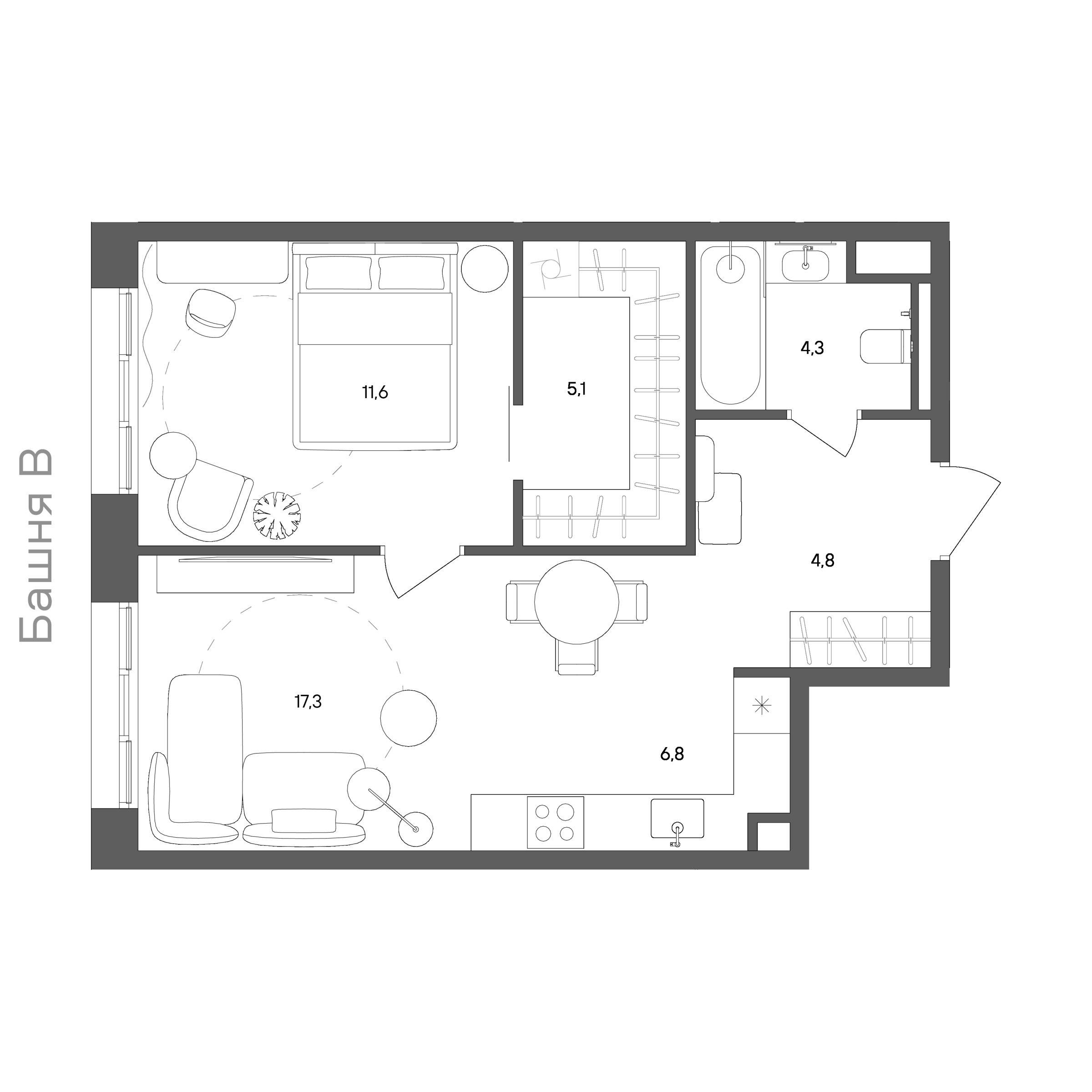 Планировка: 1-комнатная, 49,9 м²