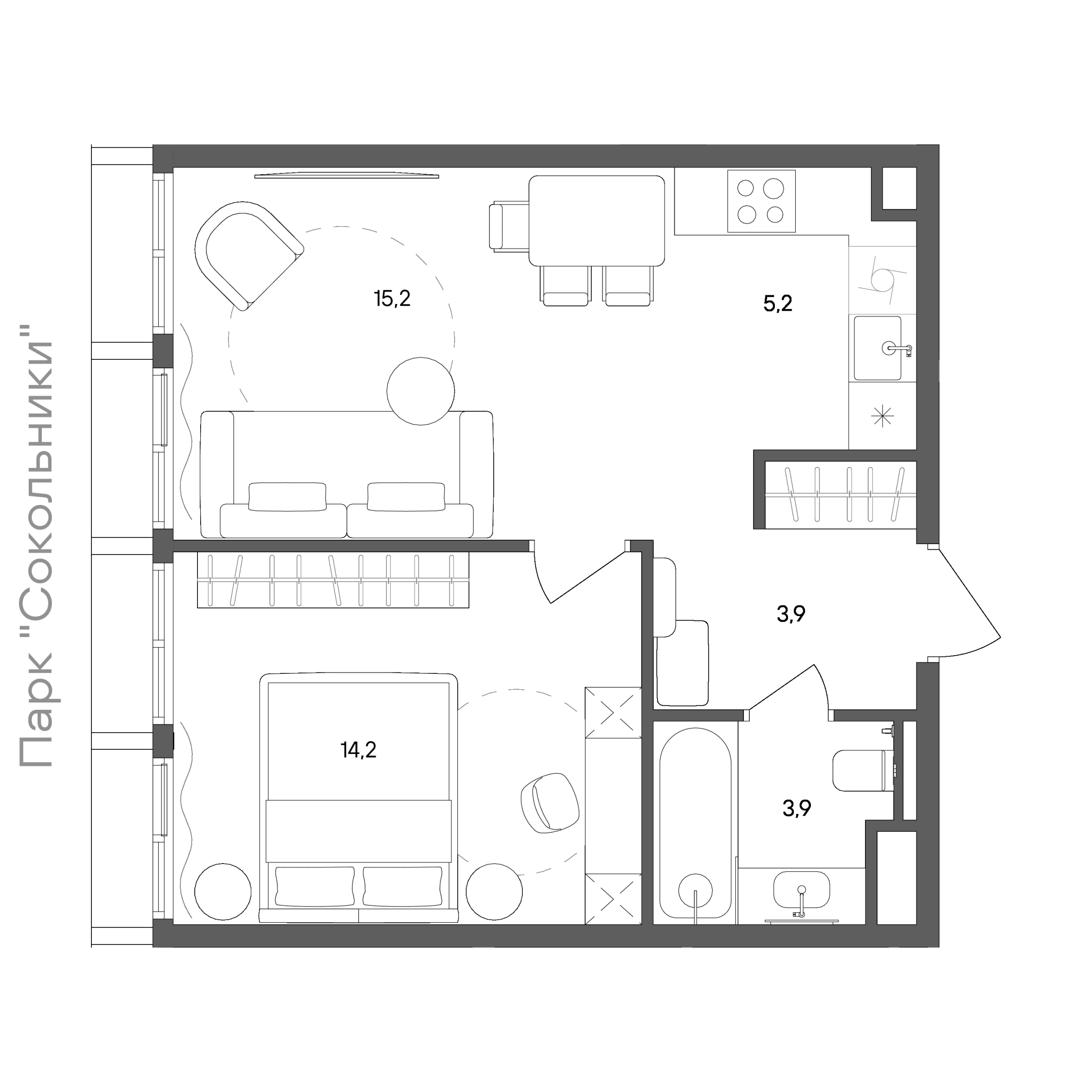 Планировка: 1-комнатная, 42,4 м²