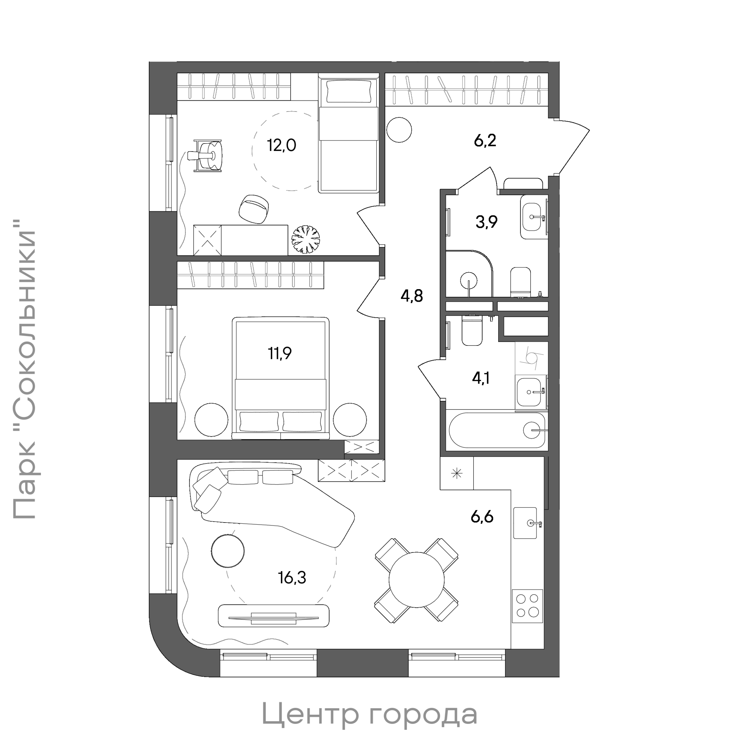 Планировка: 2-комнатная, 65,8 м²