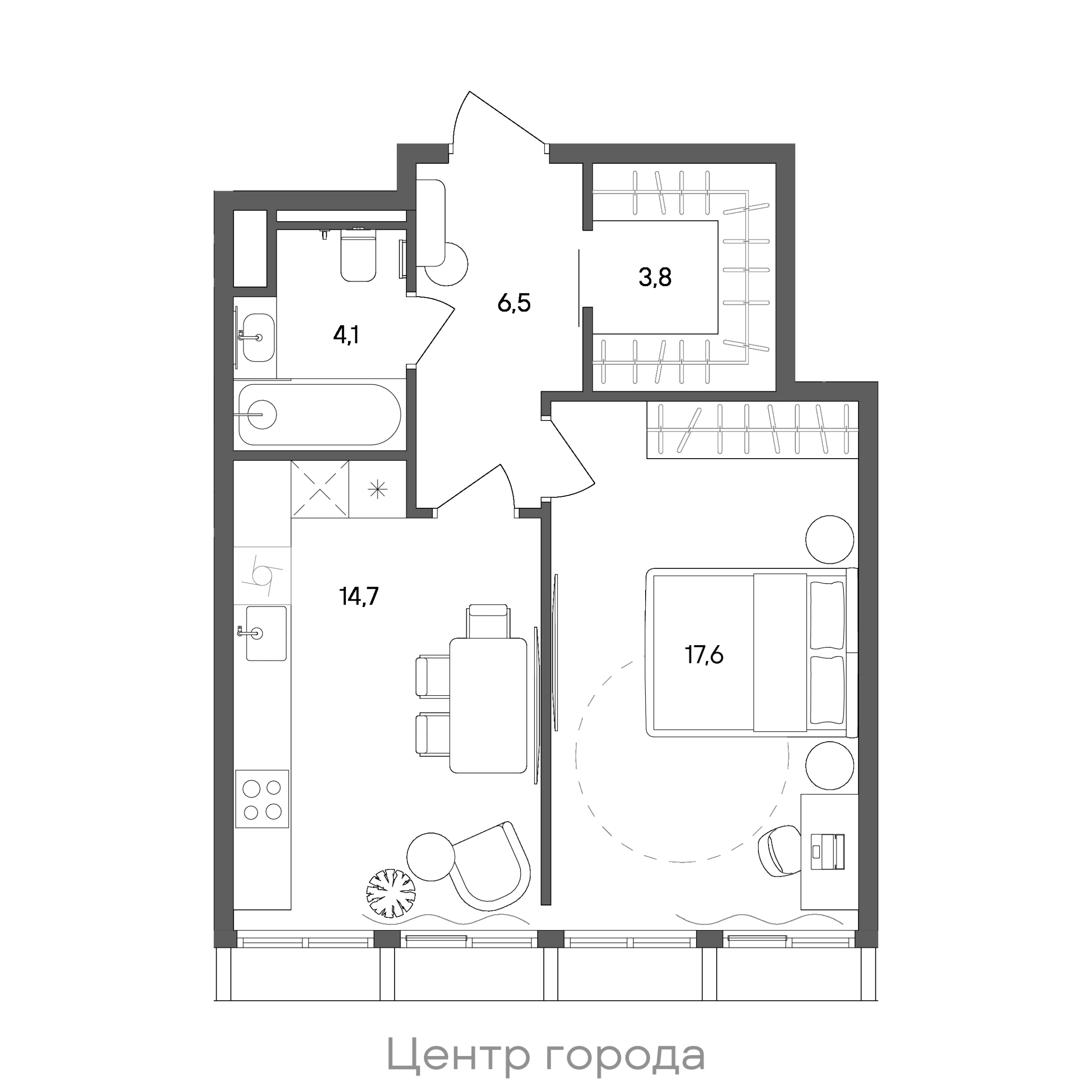 Планировка: 1-комнатная, 46,7 м²