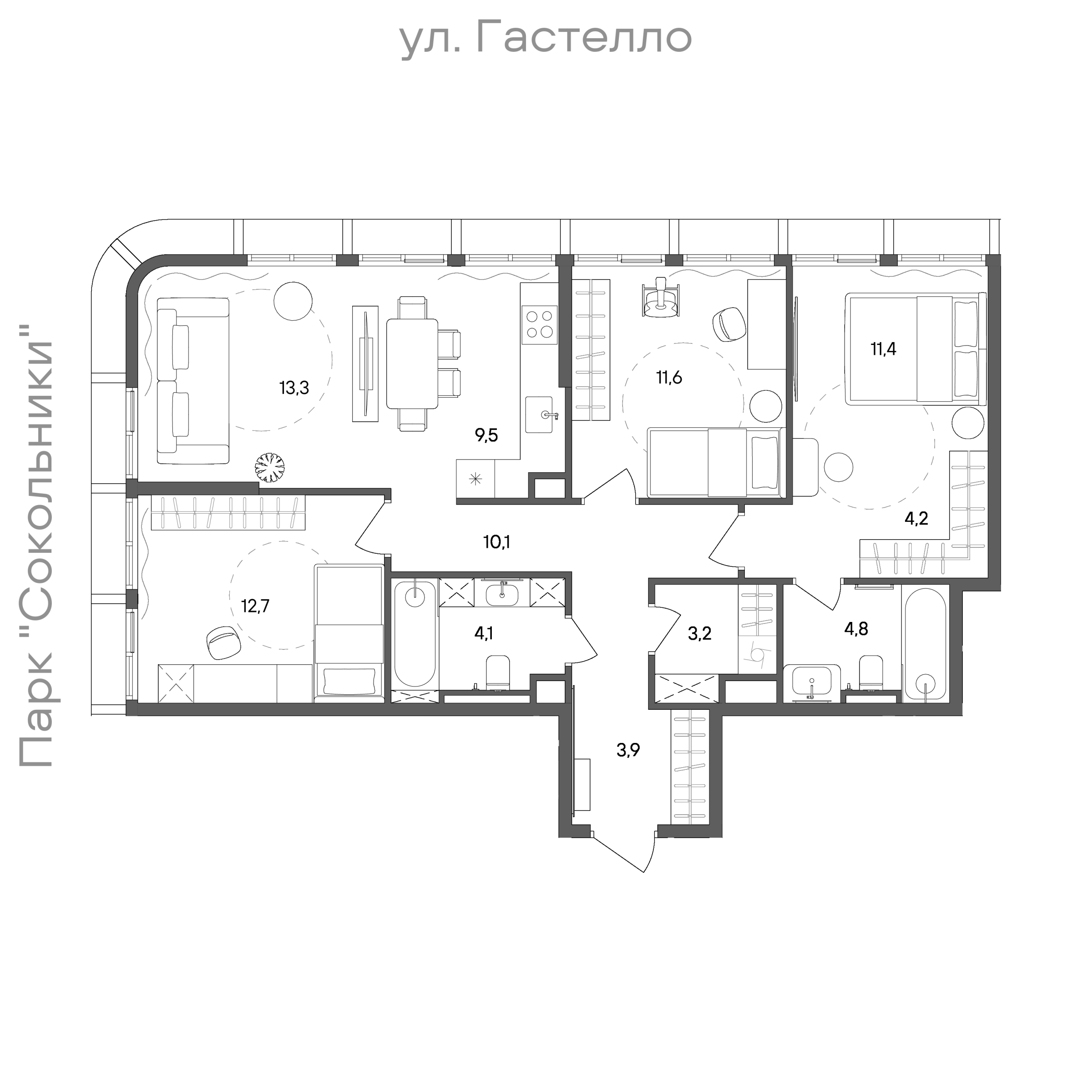 Планировка: 3-комнатная, 88,8 м²