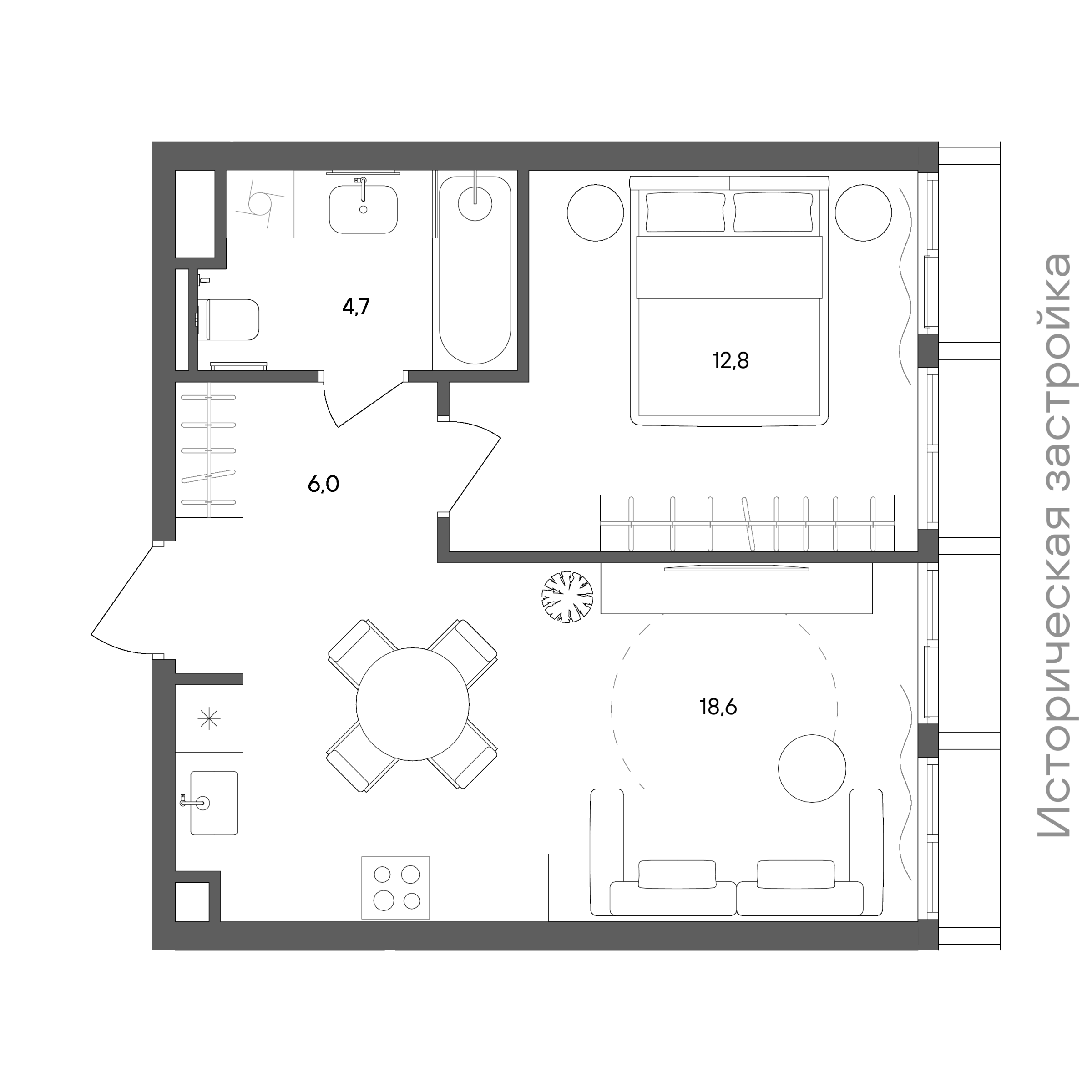Планировка: 1-комнатная, 42,1 м²