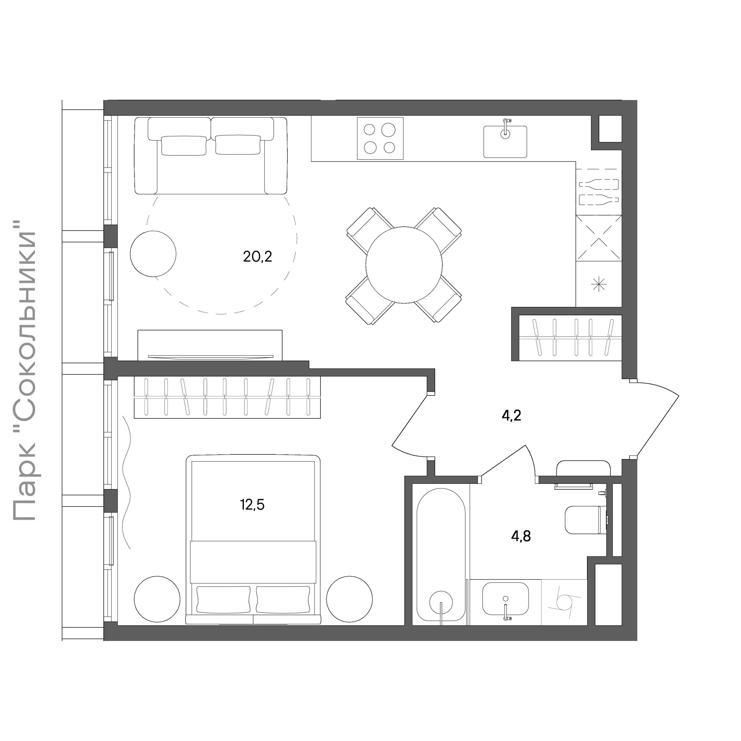 Планировка: 1-комнатная, 41,7 м²