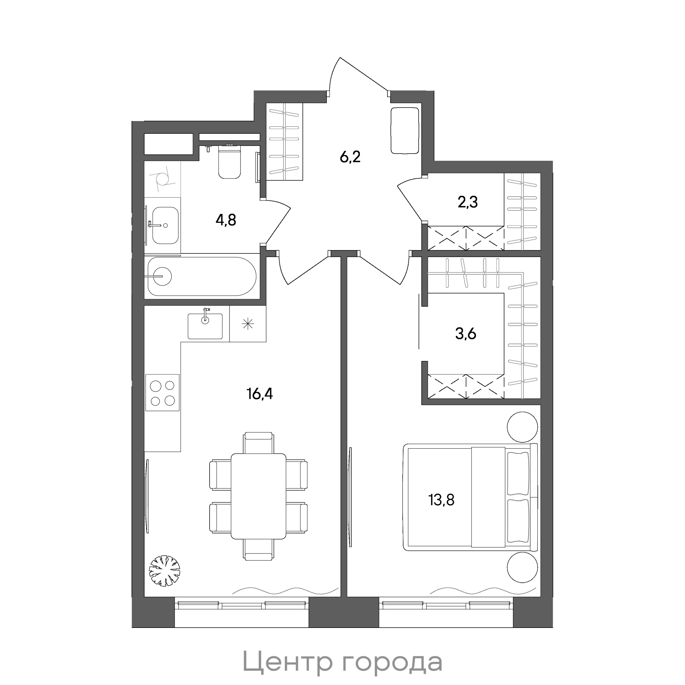 Планировка: 1-комнатная, 47,1 м²