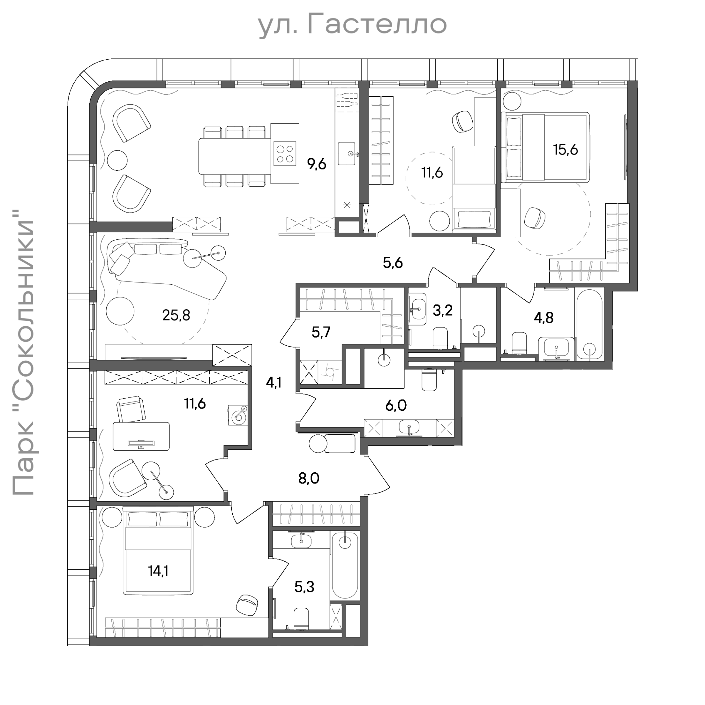 Планировка: 4-комнатная, 131 м²