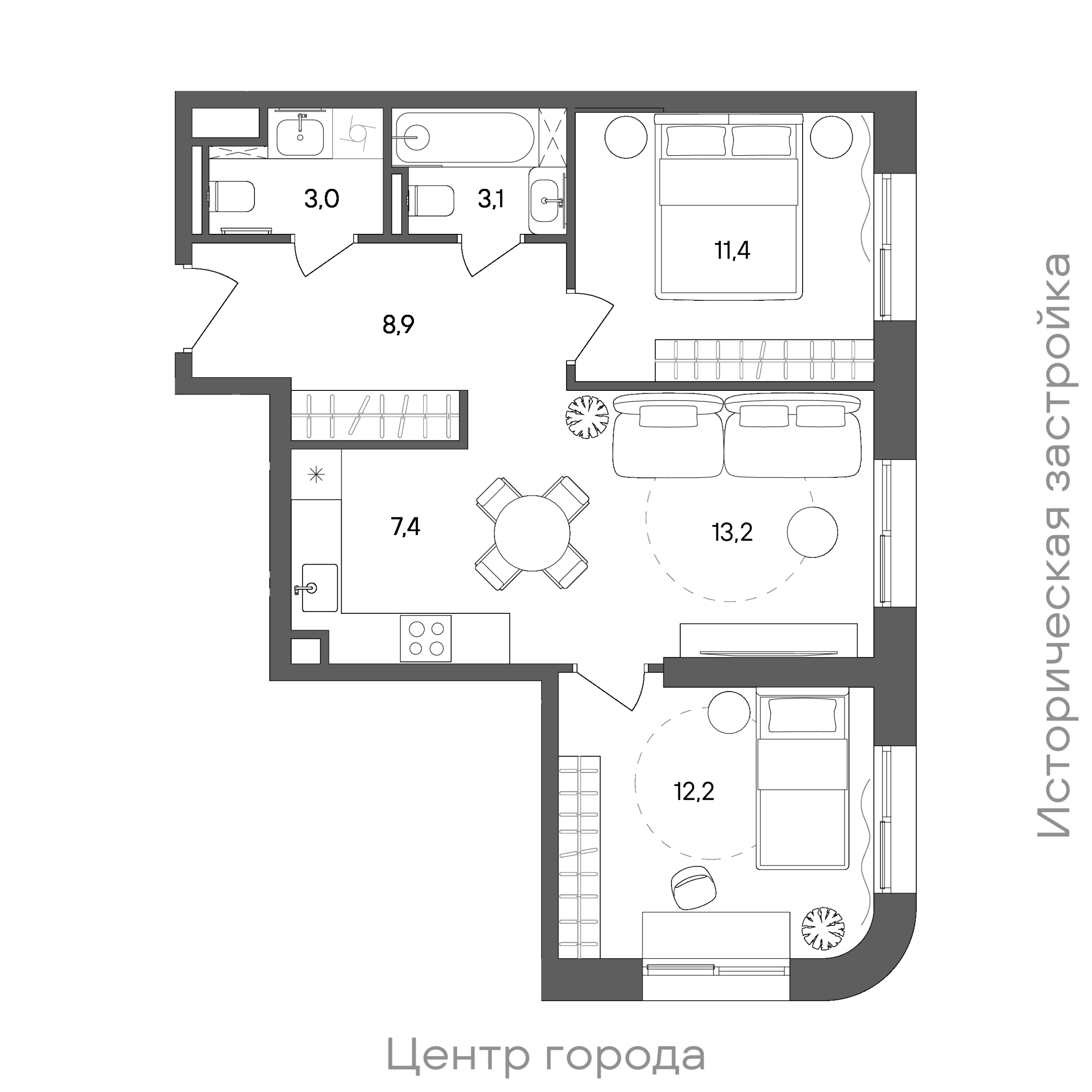 Планировка: 2-комнатная, 59,2 м²