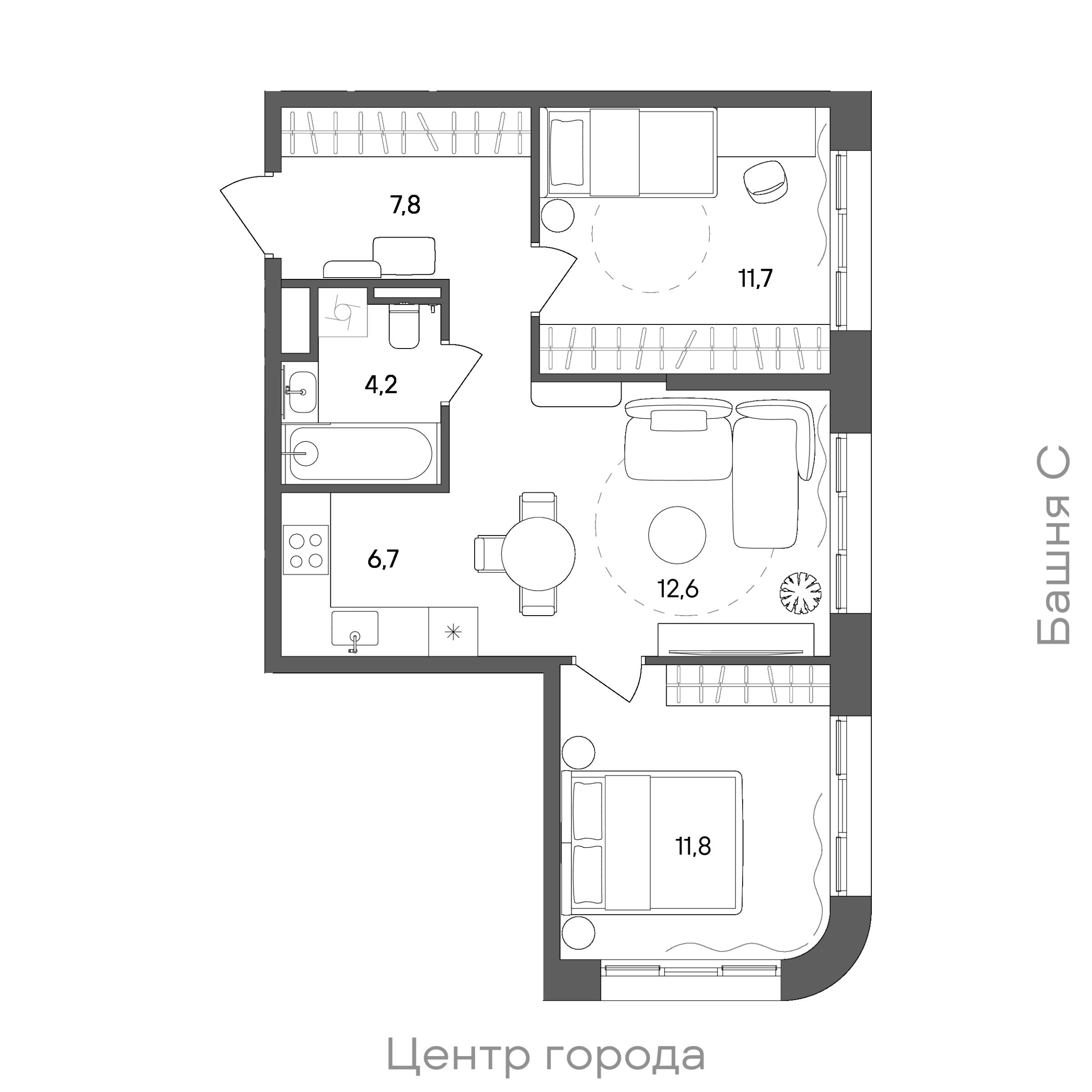 Планировка: 2-комнатная, 54,8 м²