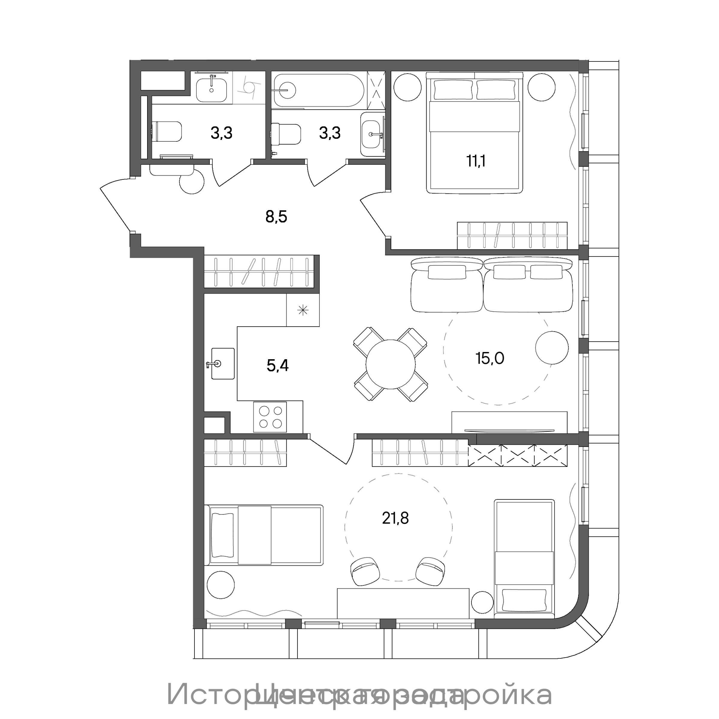Планировка: 2-комнатная, 68,4 м²