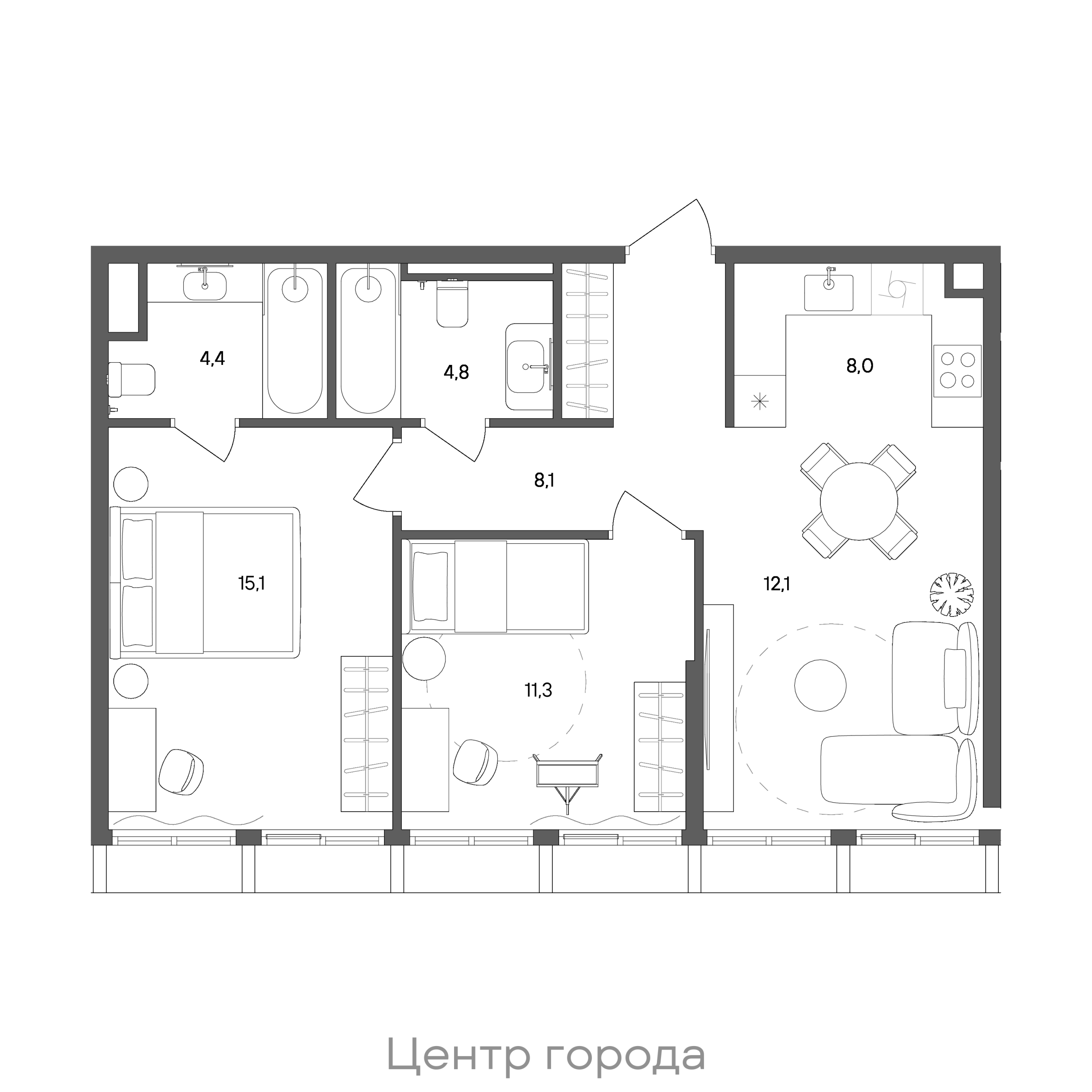 Планировка: 2-комнатная, 63,8 м²