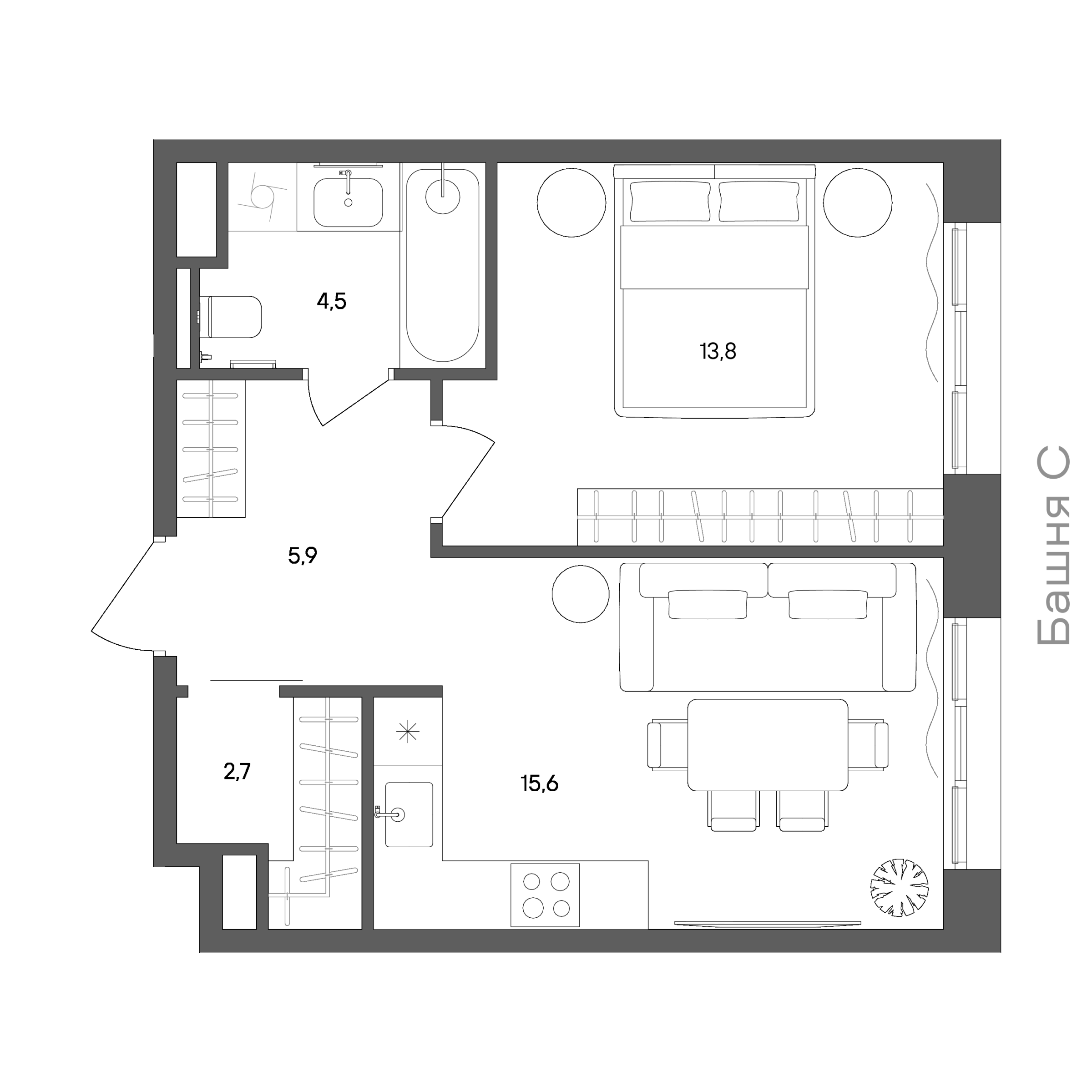 Планировка: 1-комнатная, 42,5 м²