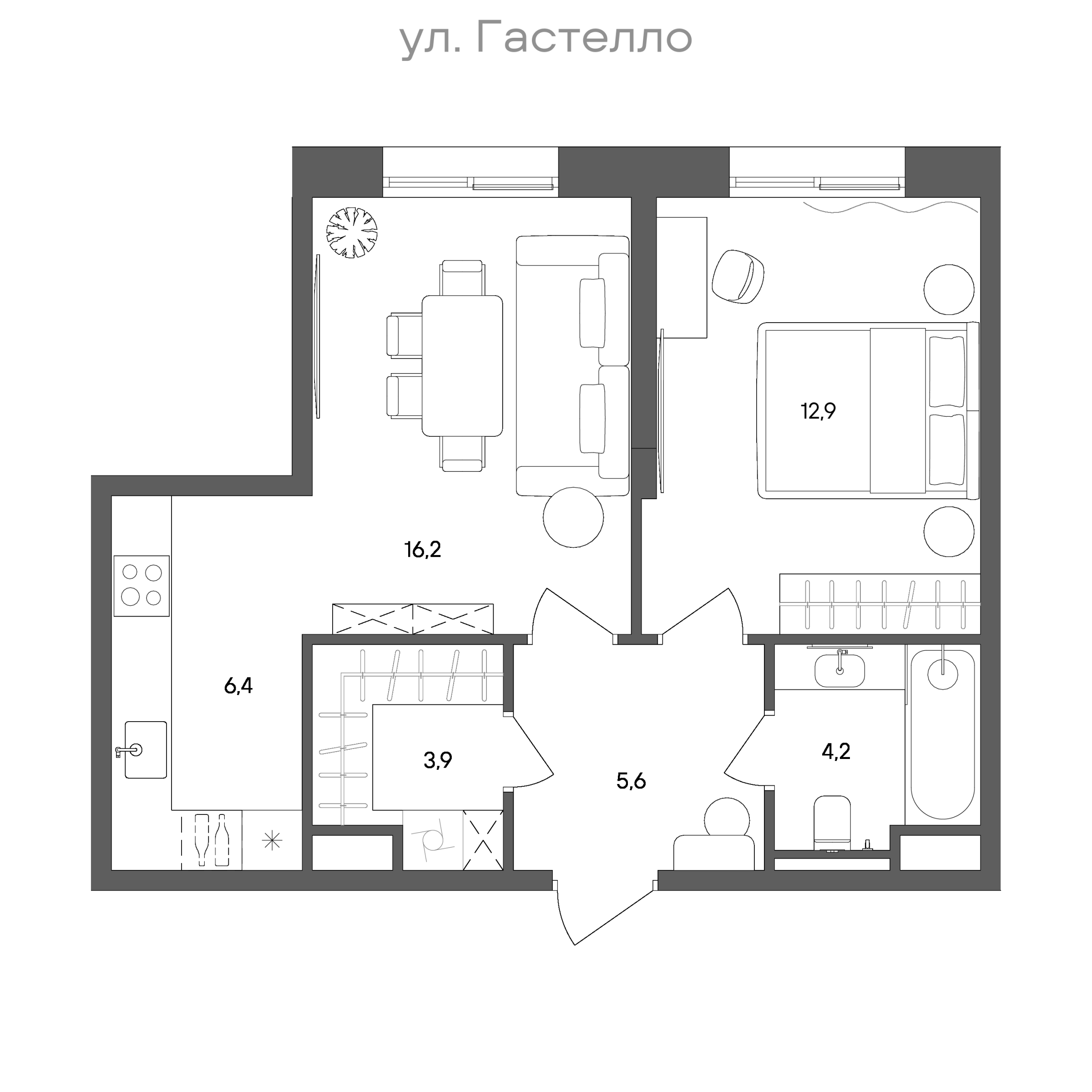 Планировка: 1-комнатная, 49,2 м²