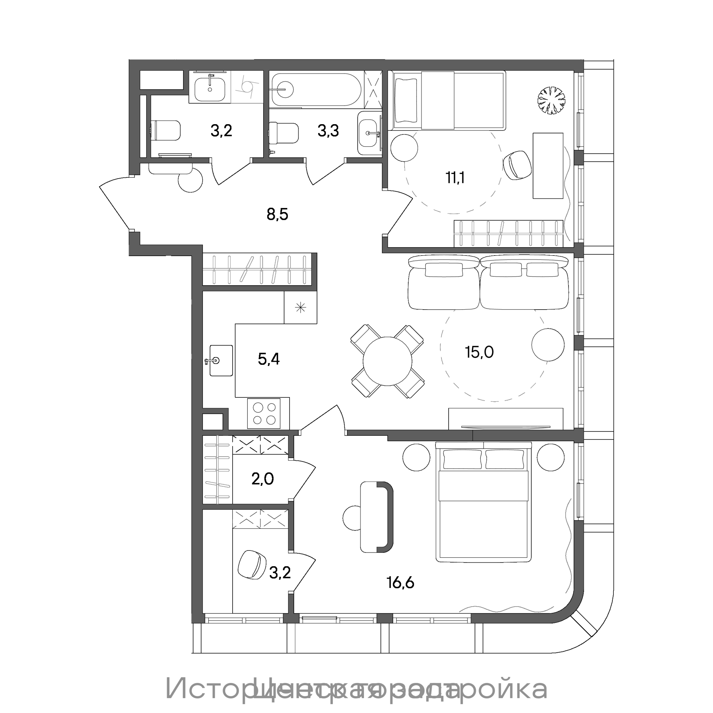 Планировка: 2-комнатная, 68,3 м²