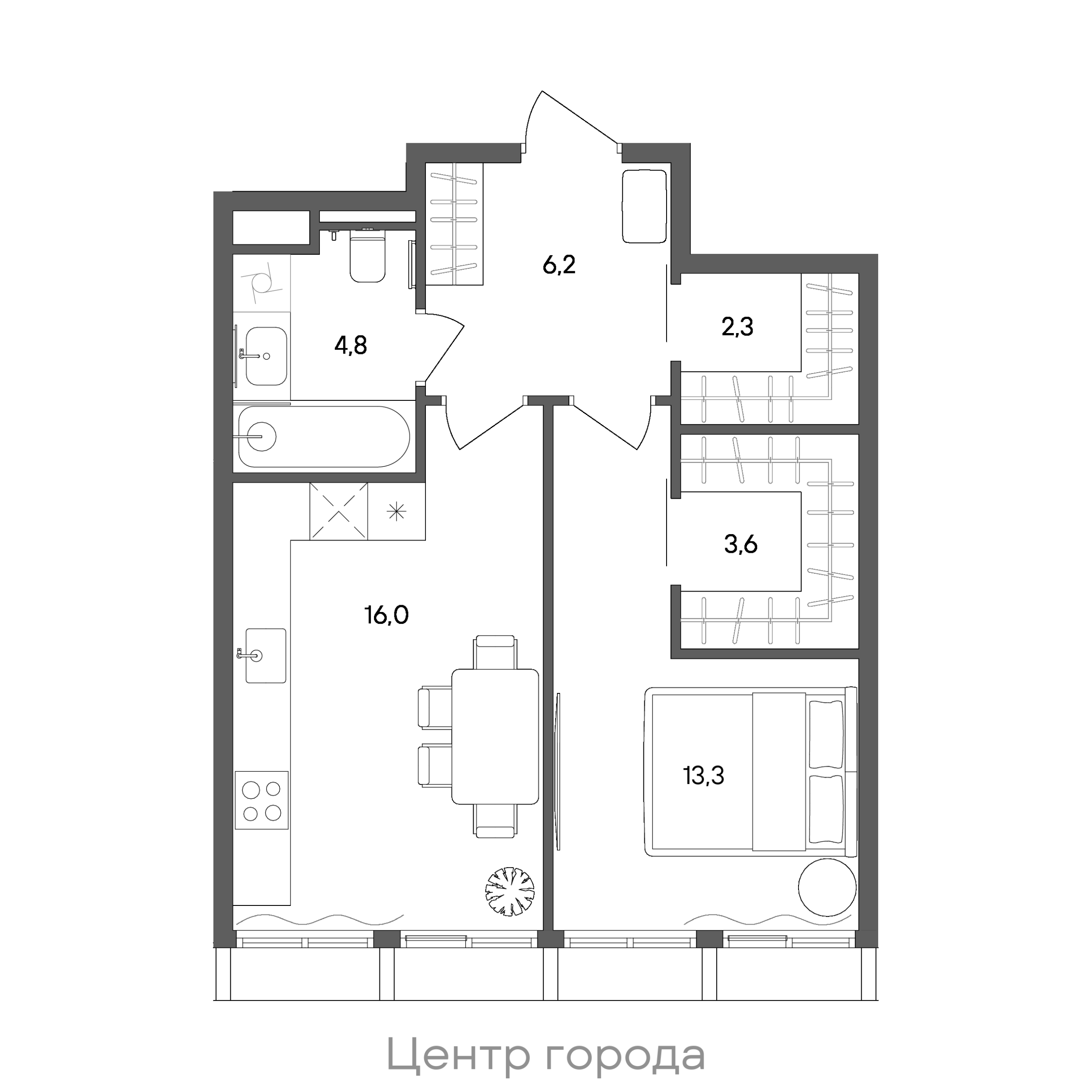 Планировка: 1-комнатная, 46,2 м²