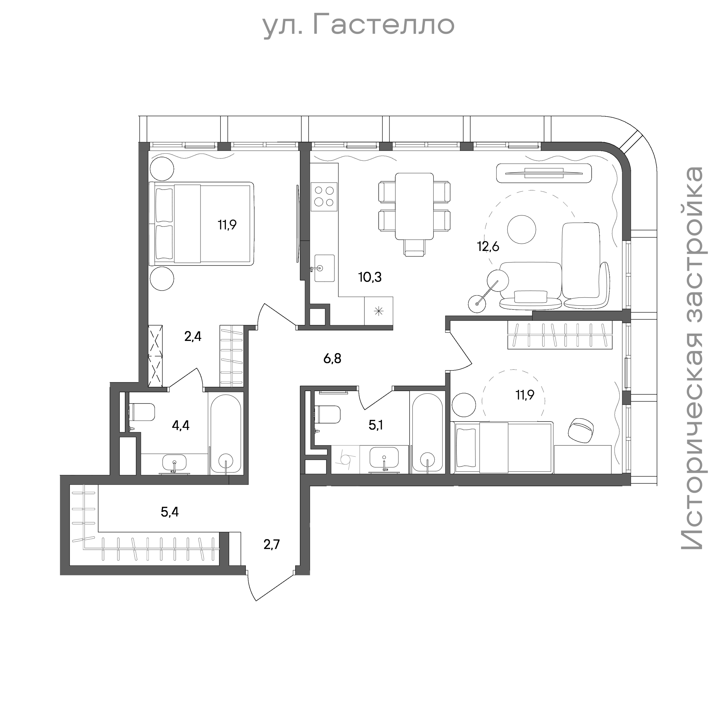 Планировка: 2-комнатная, 73,5 м²