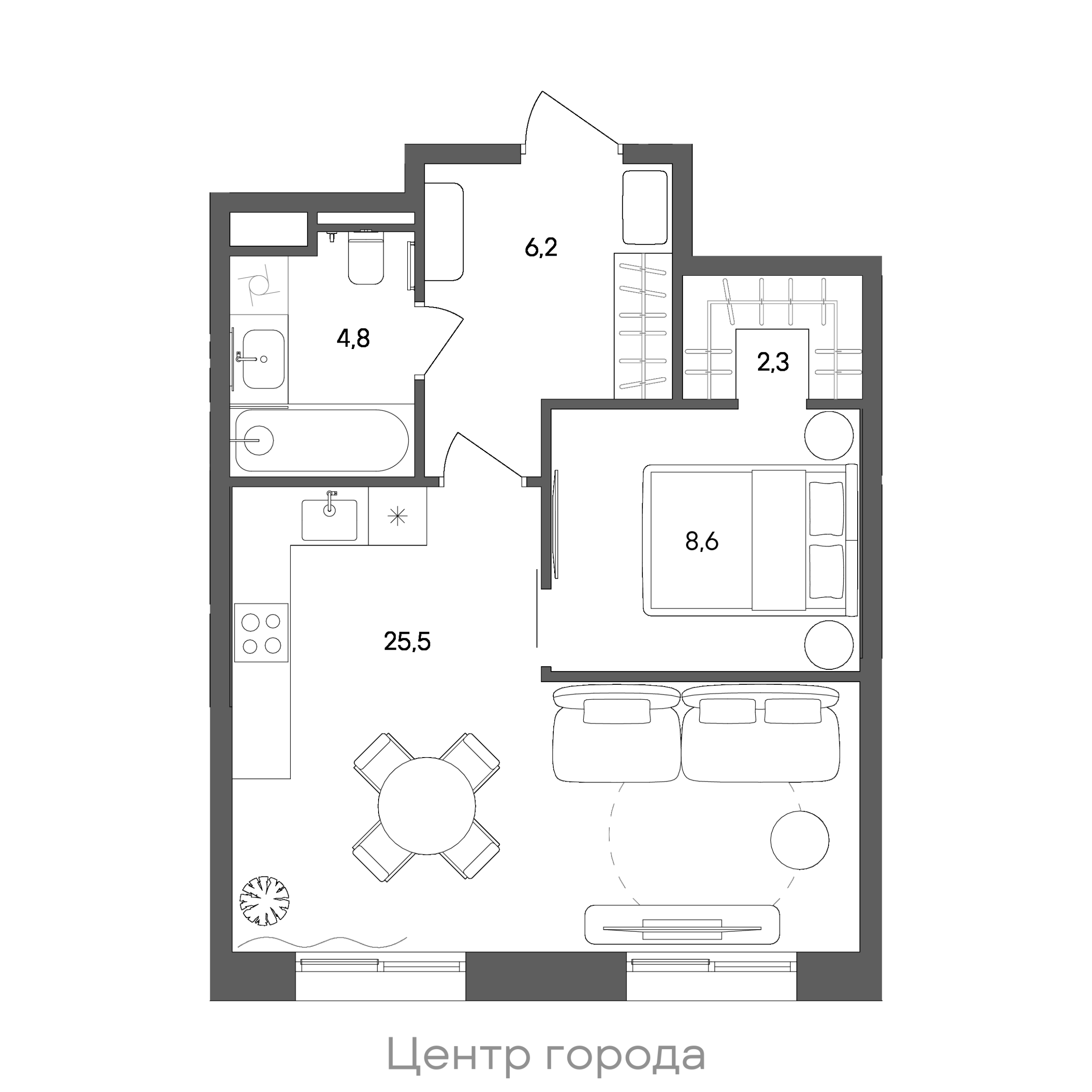 Планировка: 1-комнатная, 46,9 м²