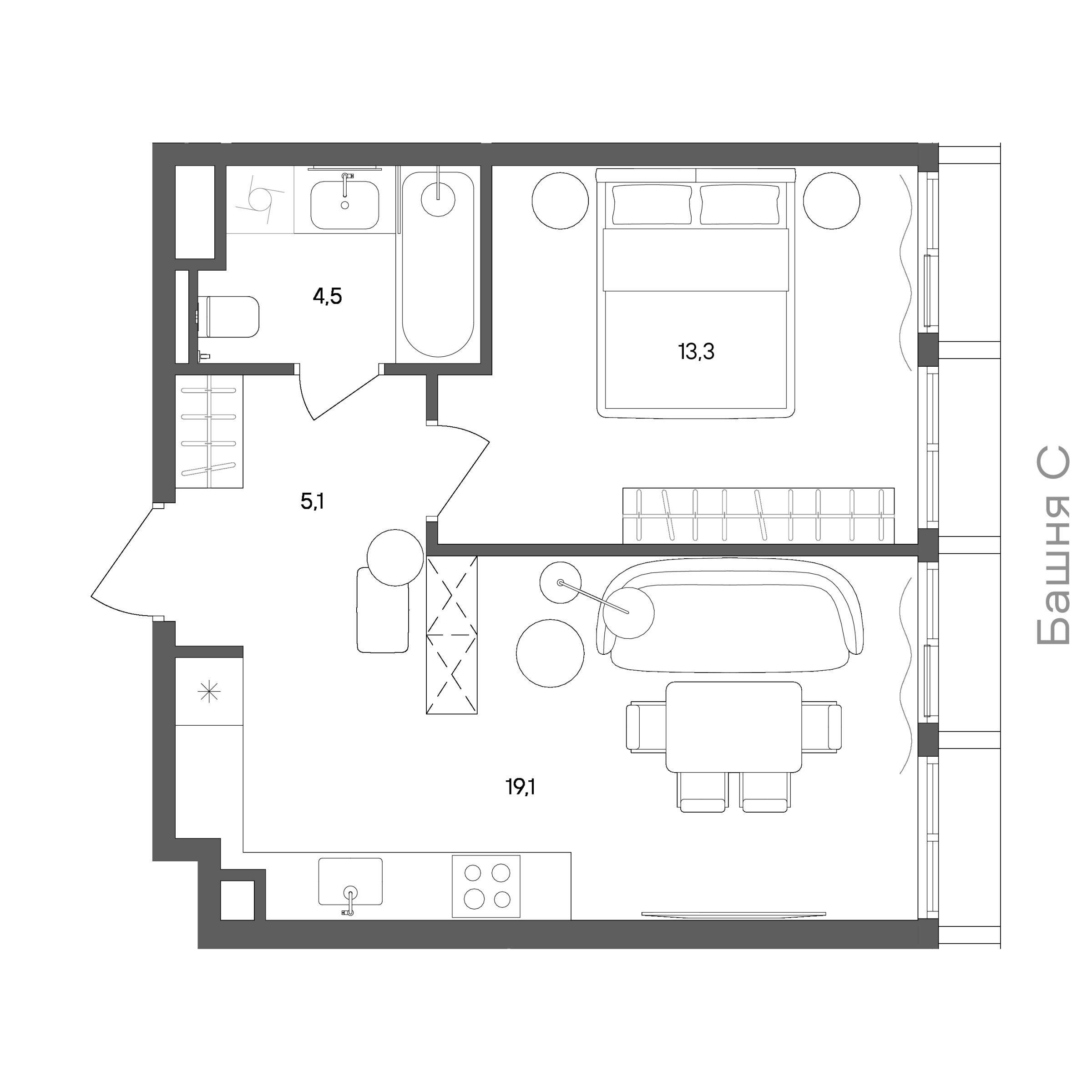 Планировка: 1-комнатная, 42 м²