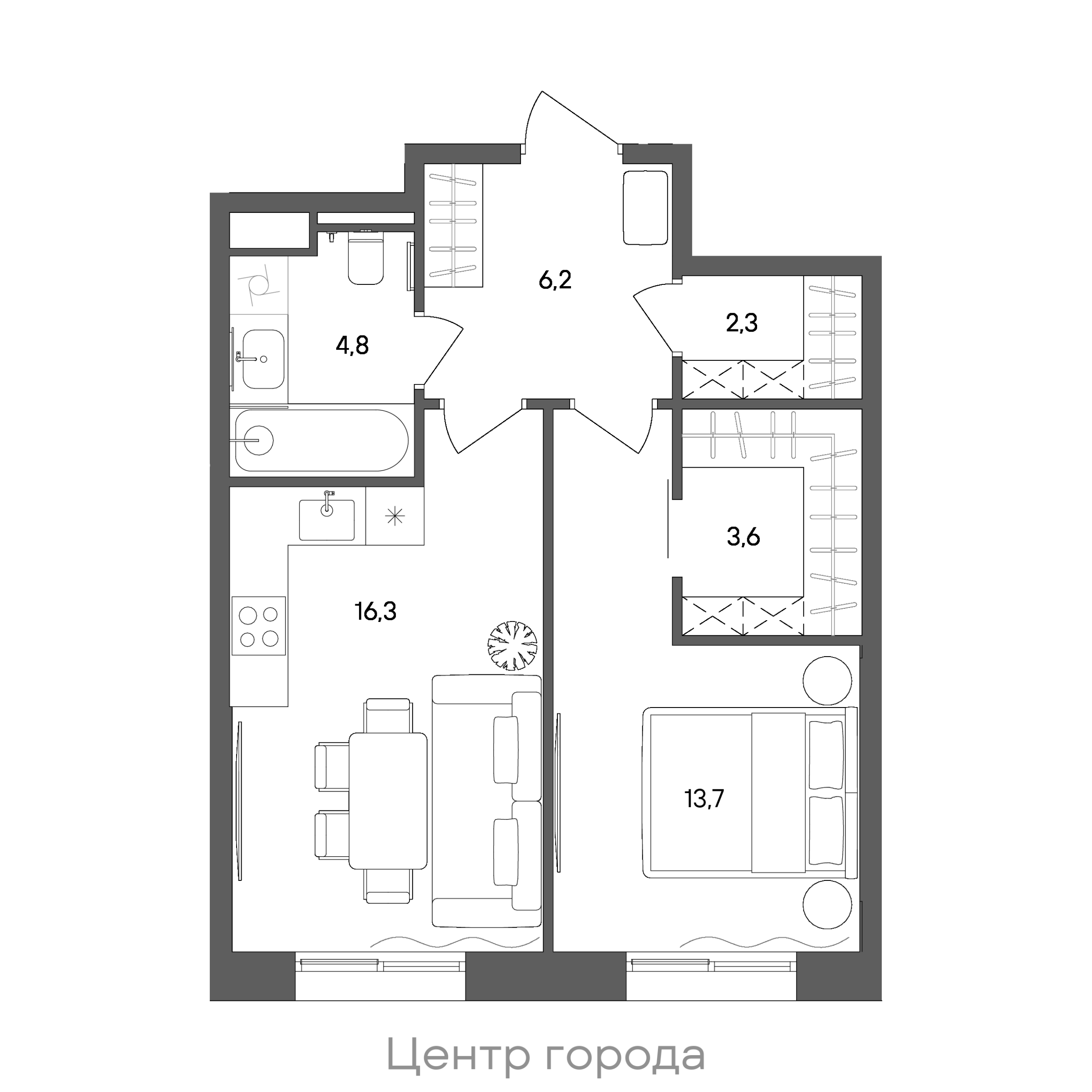 Планировка: 1-комнатная, 46,9 м²