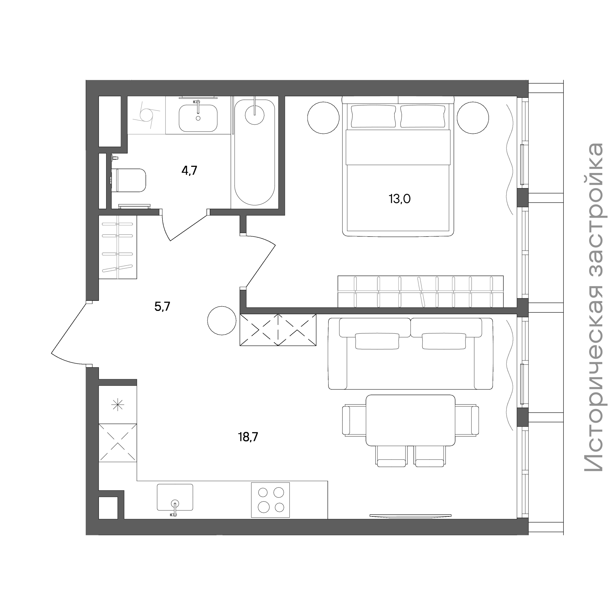 Планировка: 1-комнатная, 42,1 м²