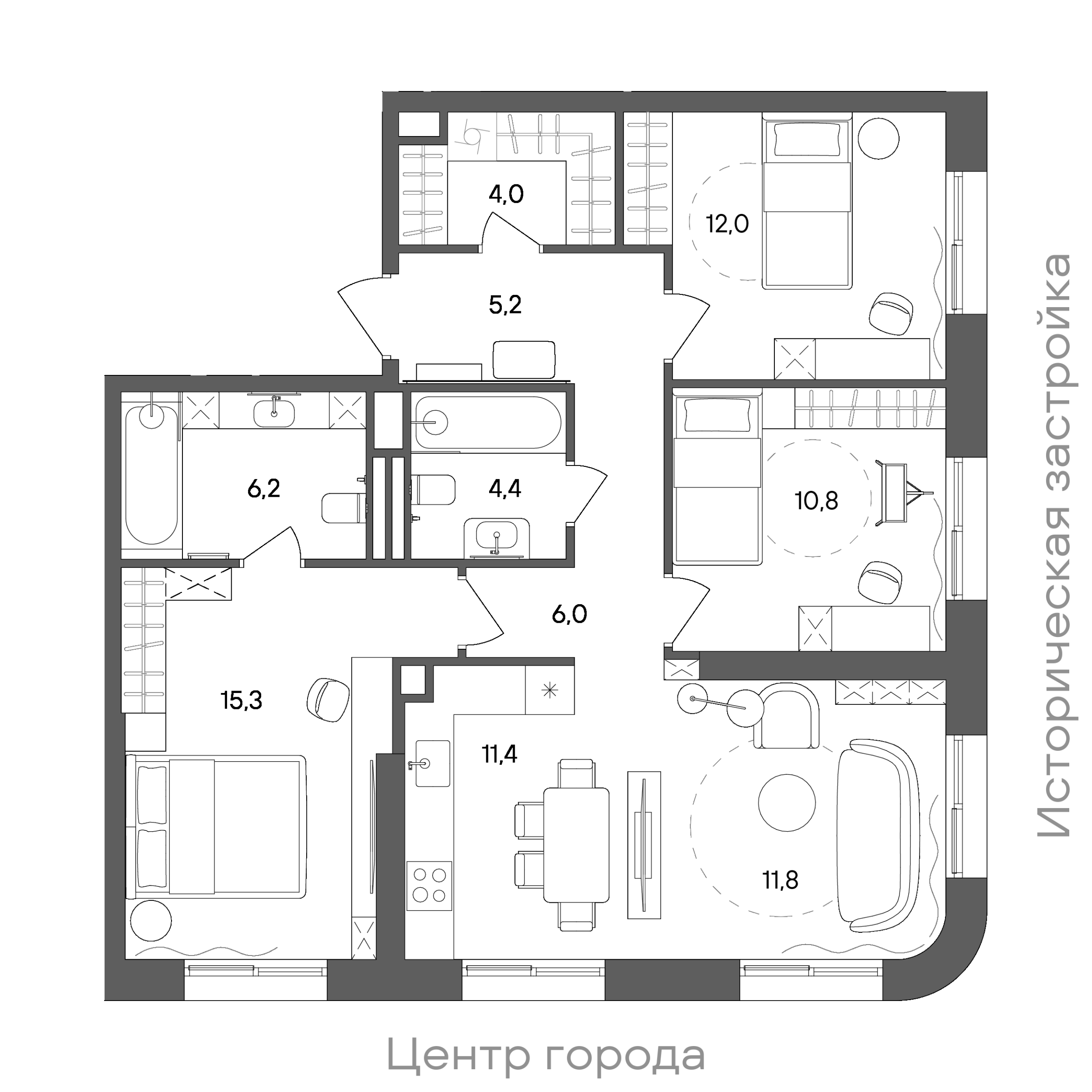 Планировка: 3-комнатная, 87,1 м²