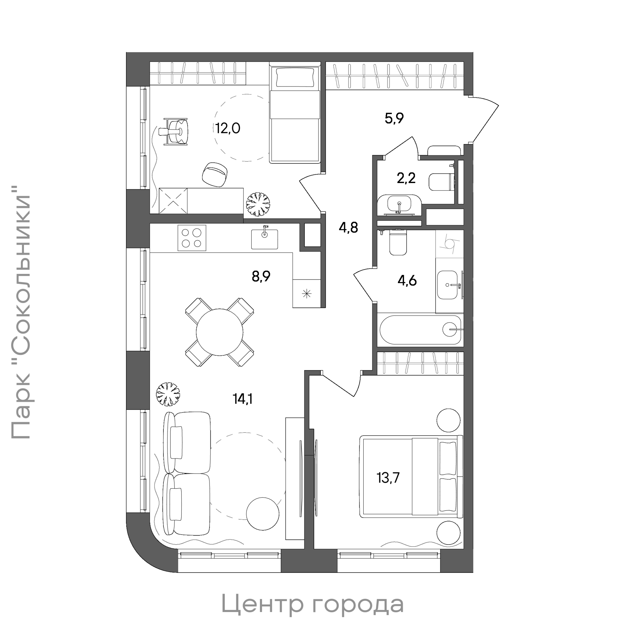 Планировка: 2-комнатная, 66,2 м²