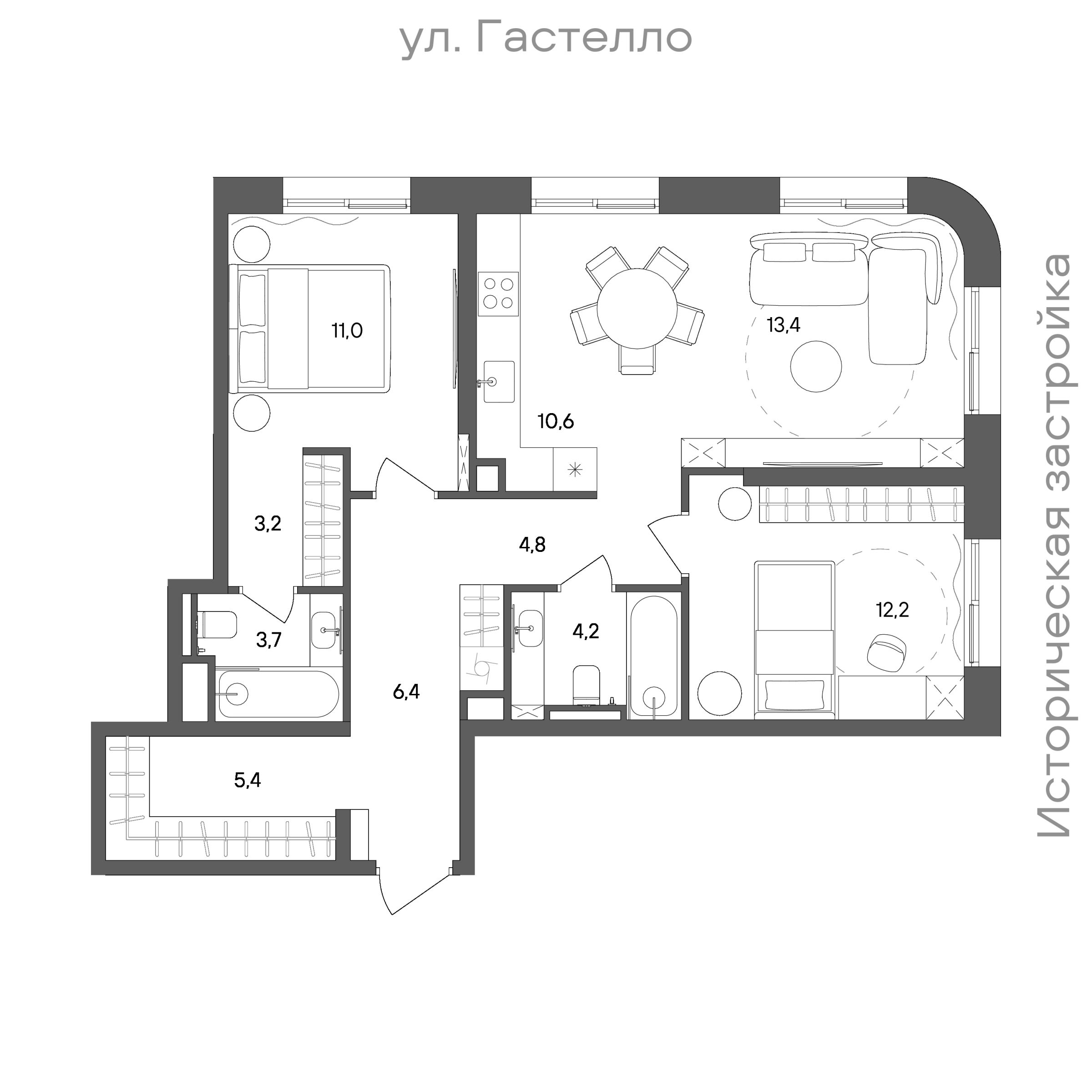 Планировка: 2-комнатная, 74,9 м²