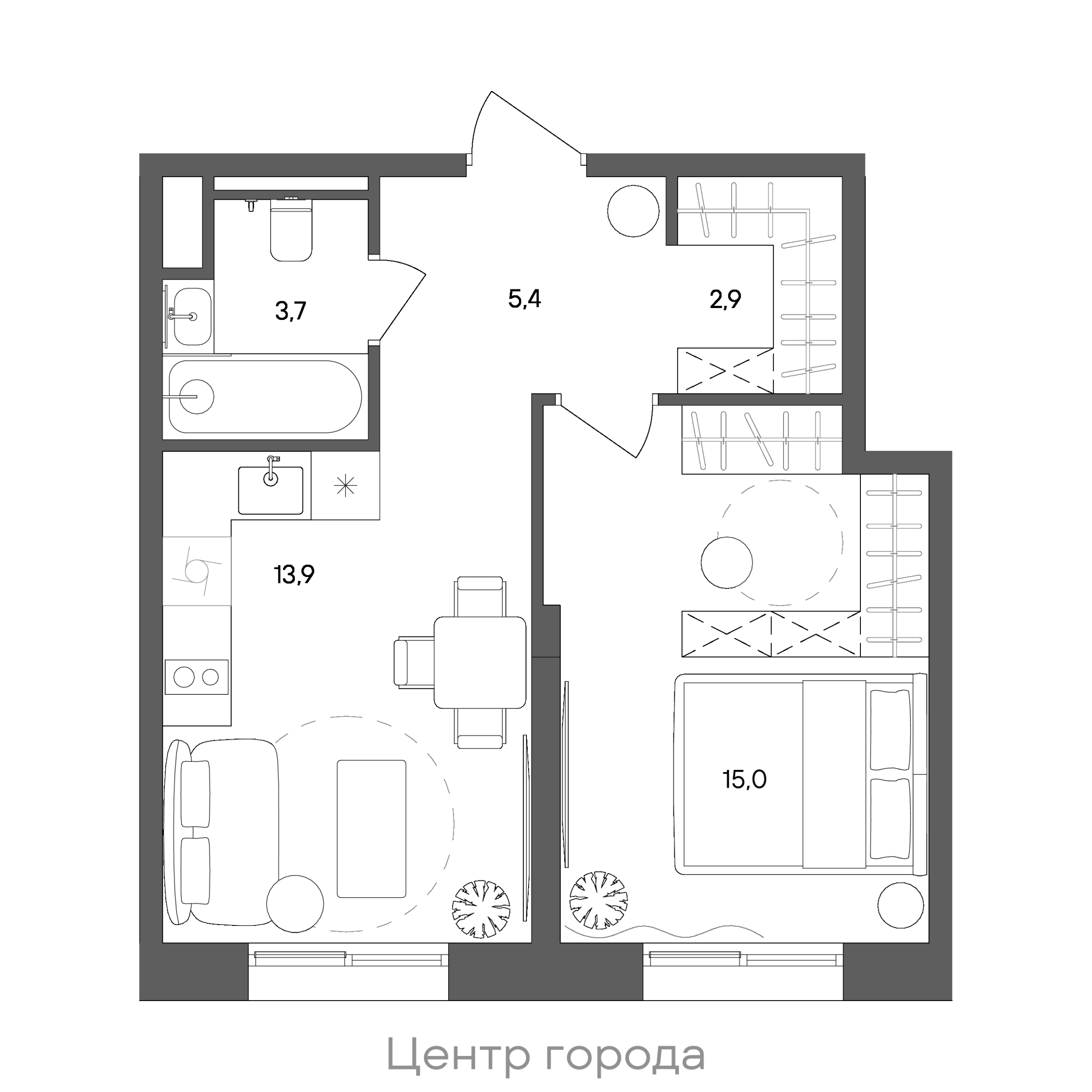 Планировка: 1-комнатная, 40,9 м²