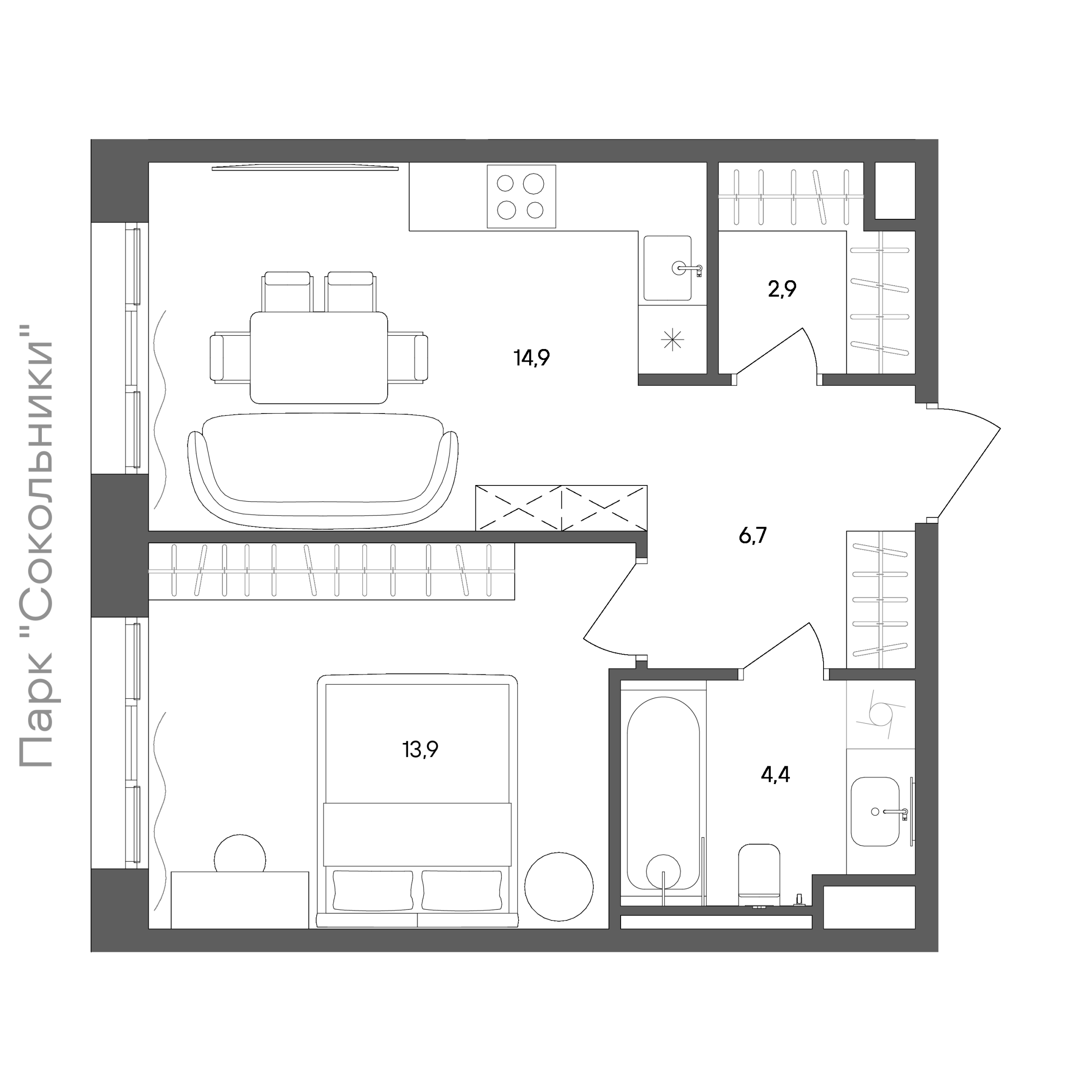 Планировка: 1-комнатная, 42,8 м²