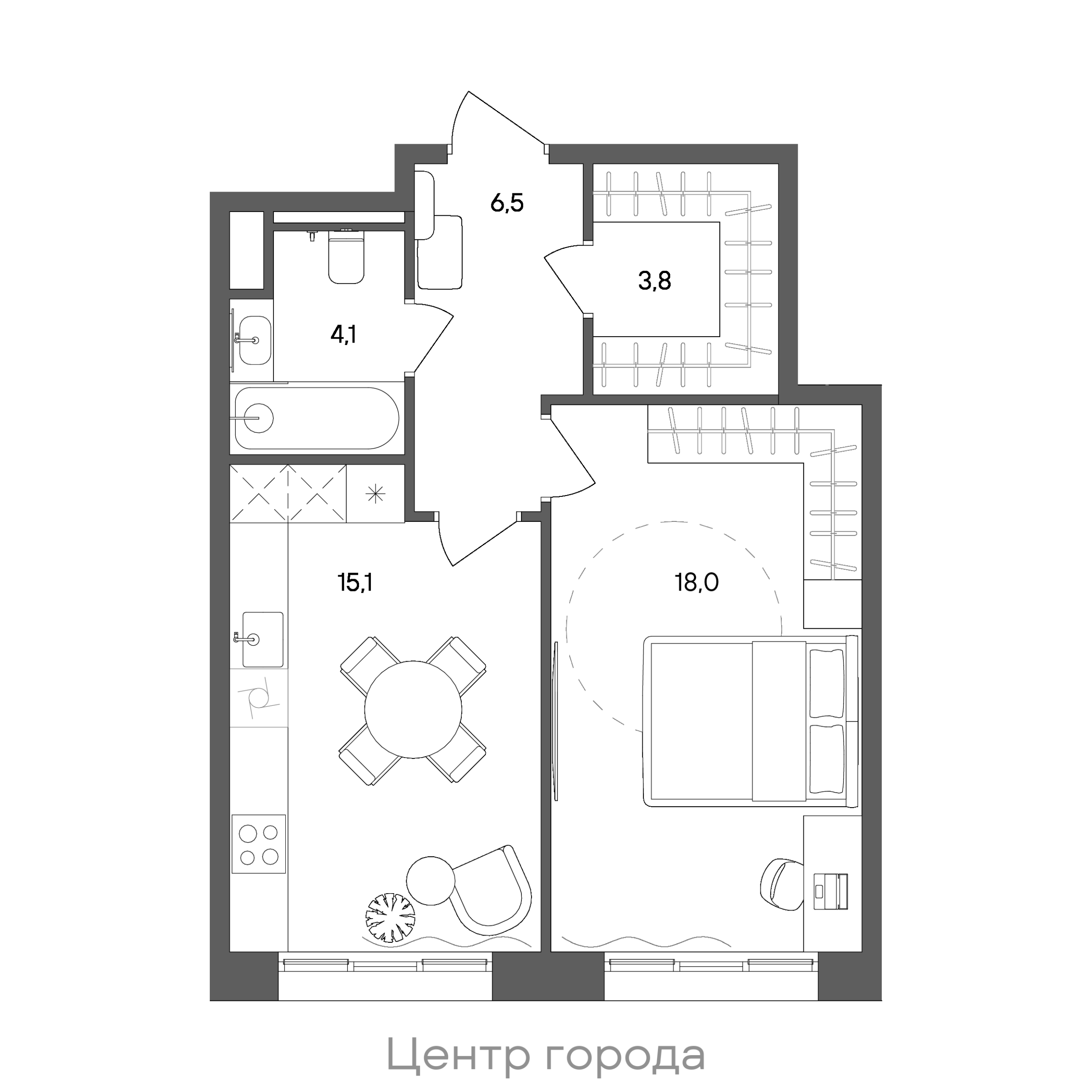 Планировка: 1-комнатная, 47,5 м²