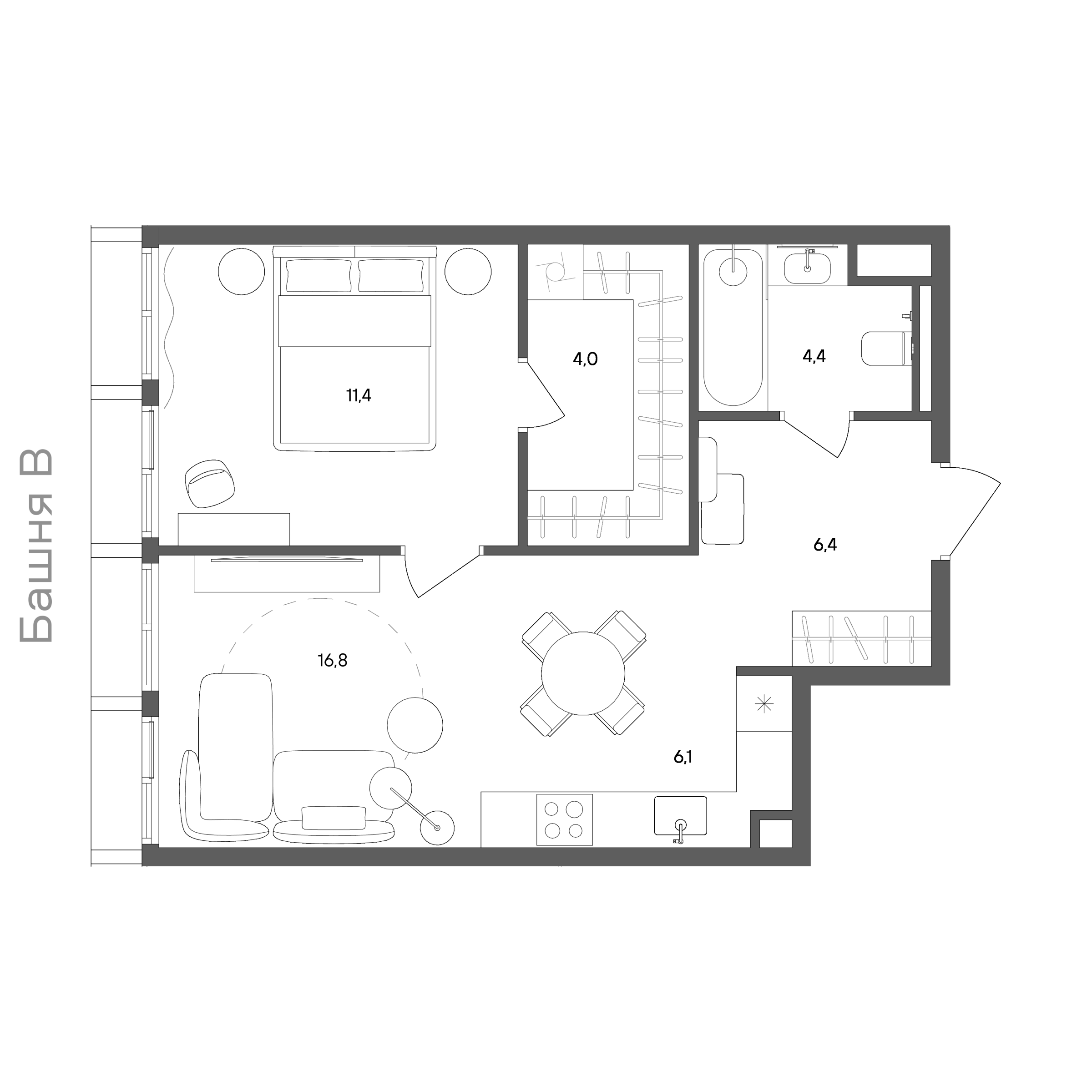 Планировка: 1-комнатная, 49,1 м²