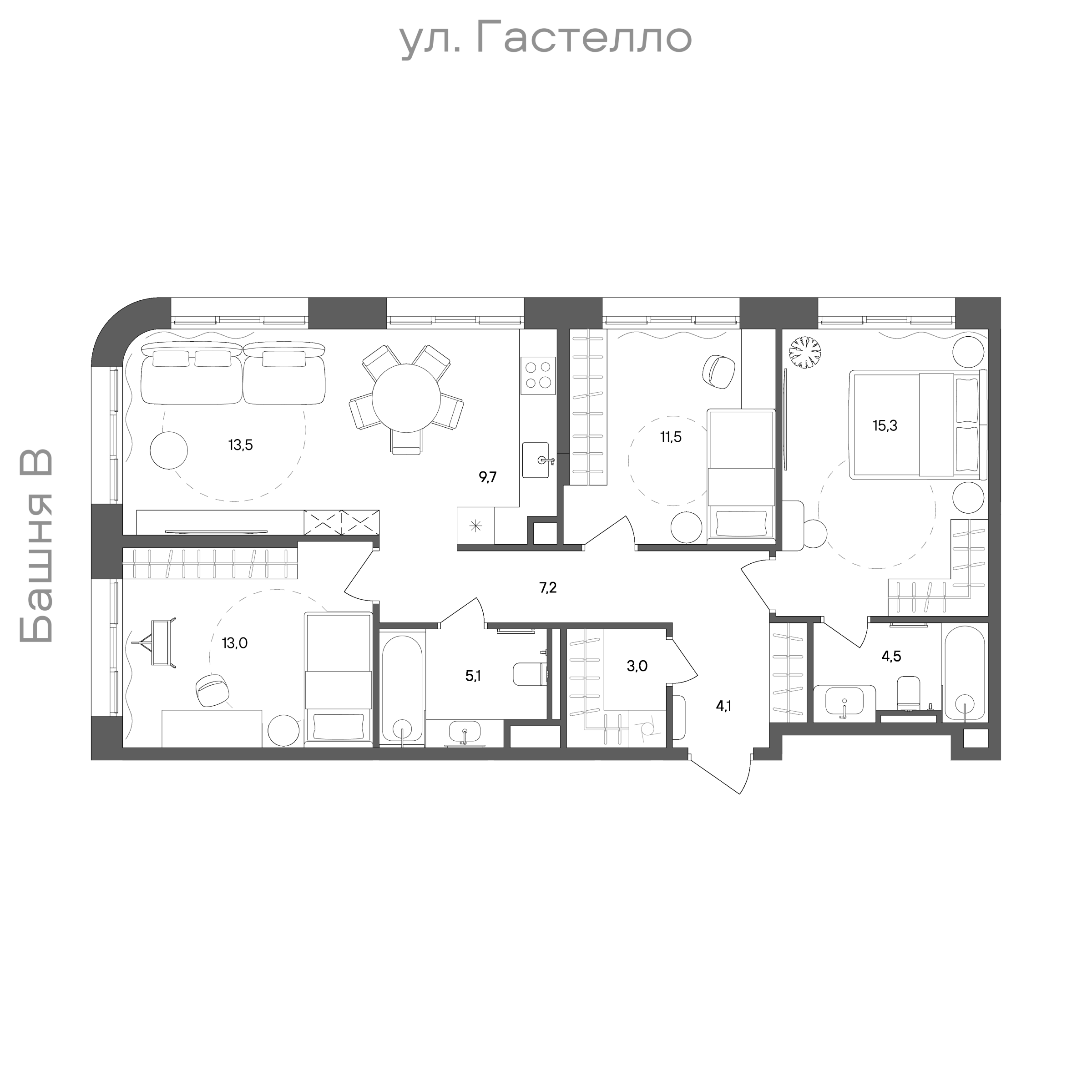 Планировка: 3-комнатная, 86,9 м²
