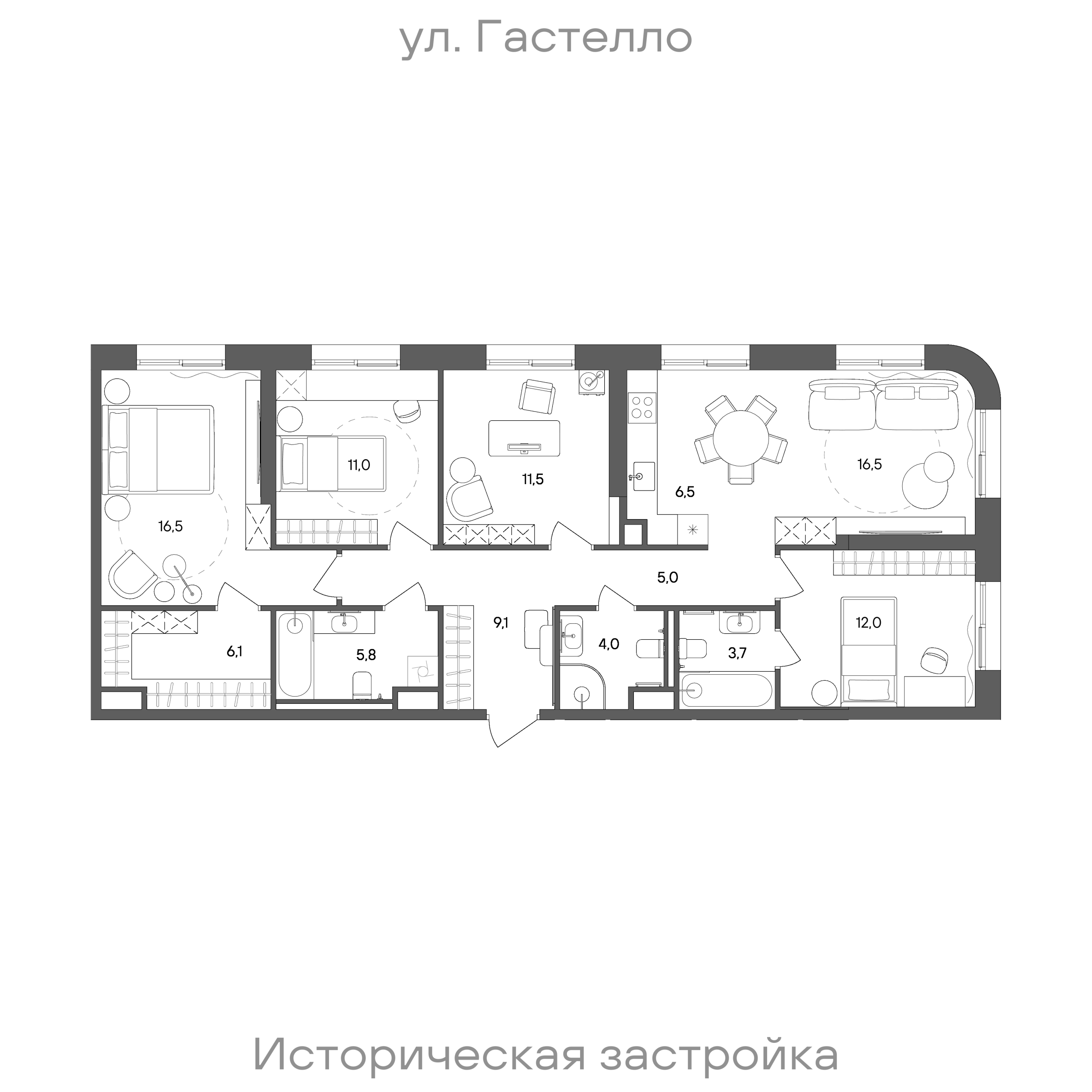 Планировка: 4-комнатная, 107,7 м²