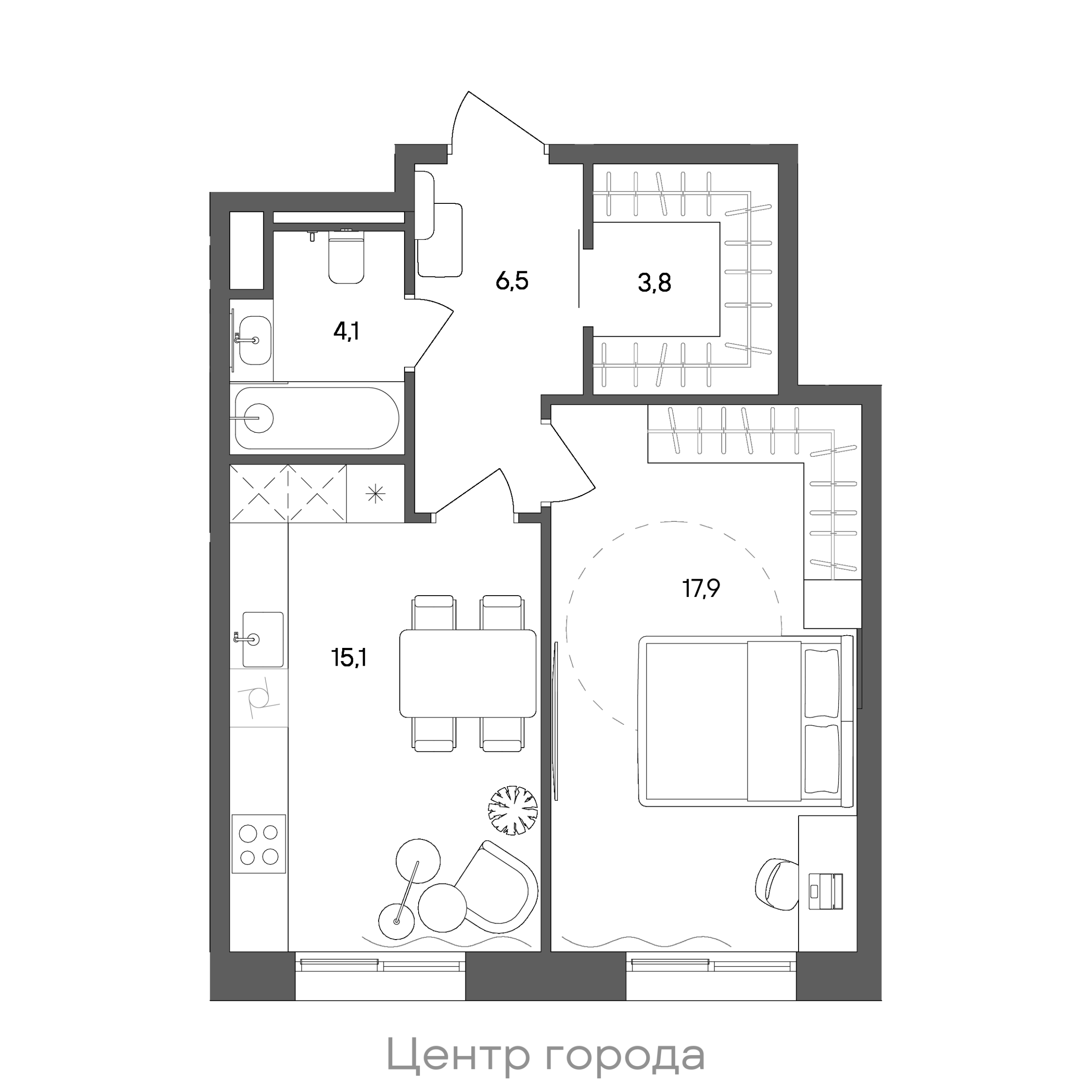 Планировка: 1-комнатная, 47,4 м²