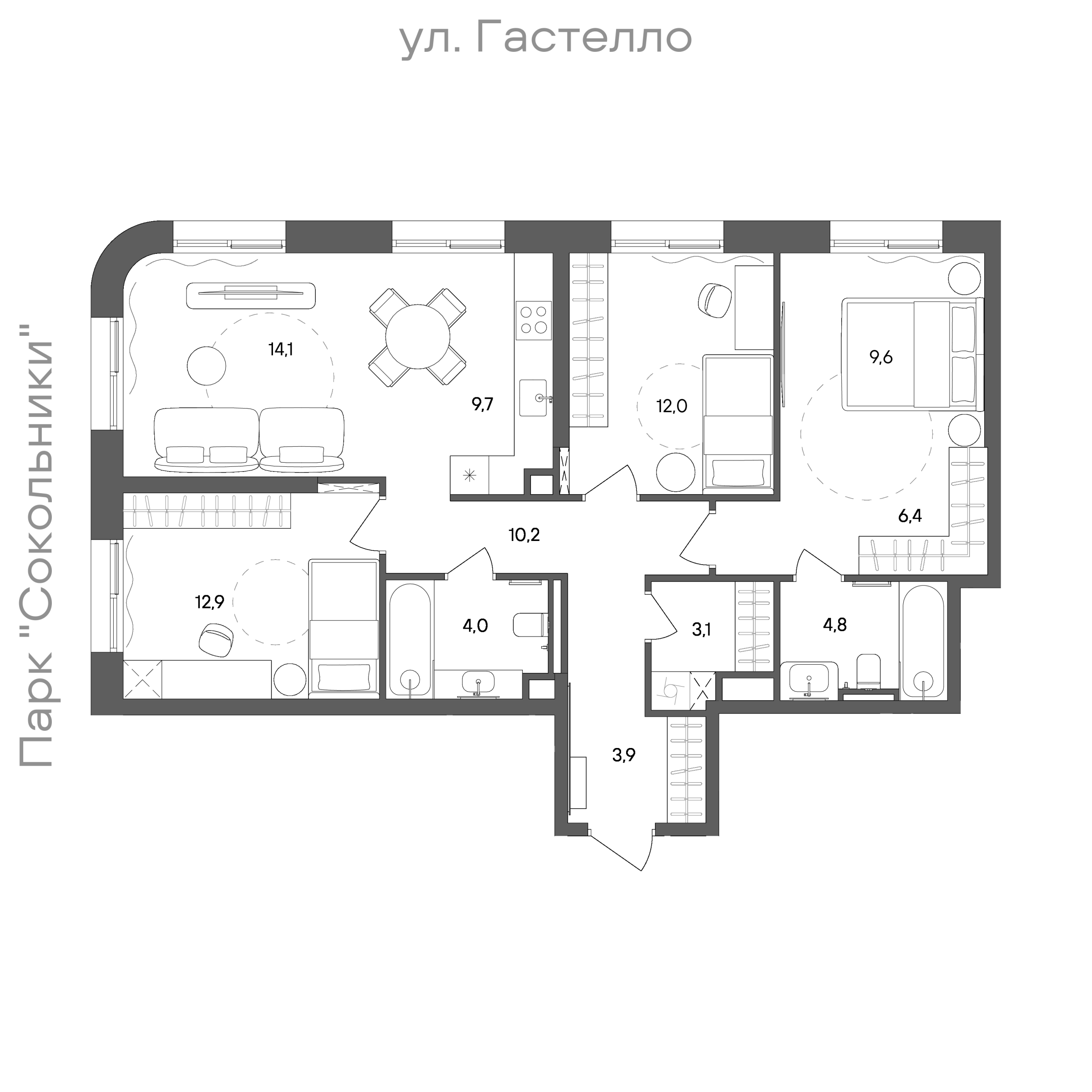 Планировка: 3-комнатная, 90,7 м²