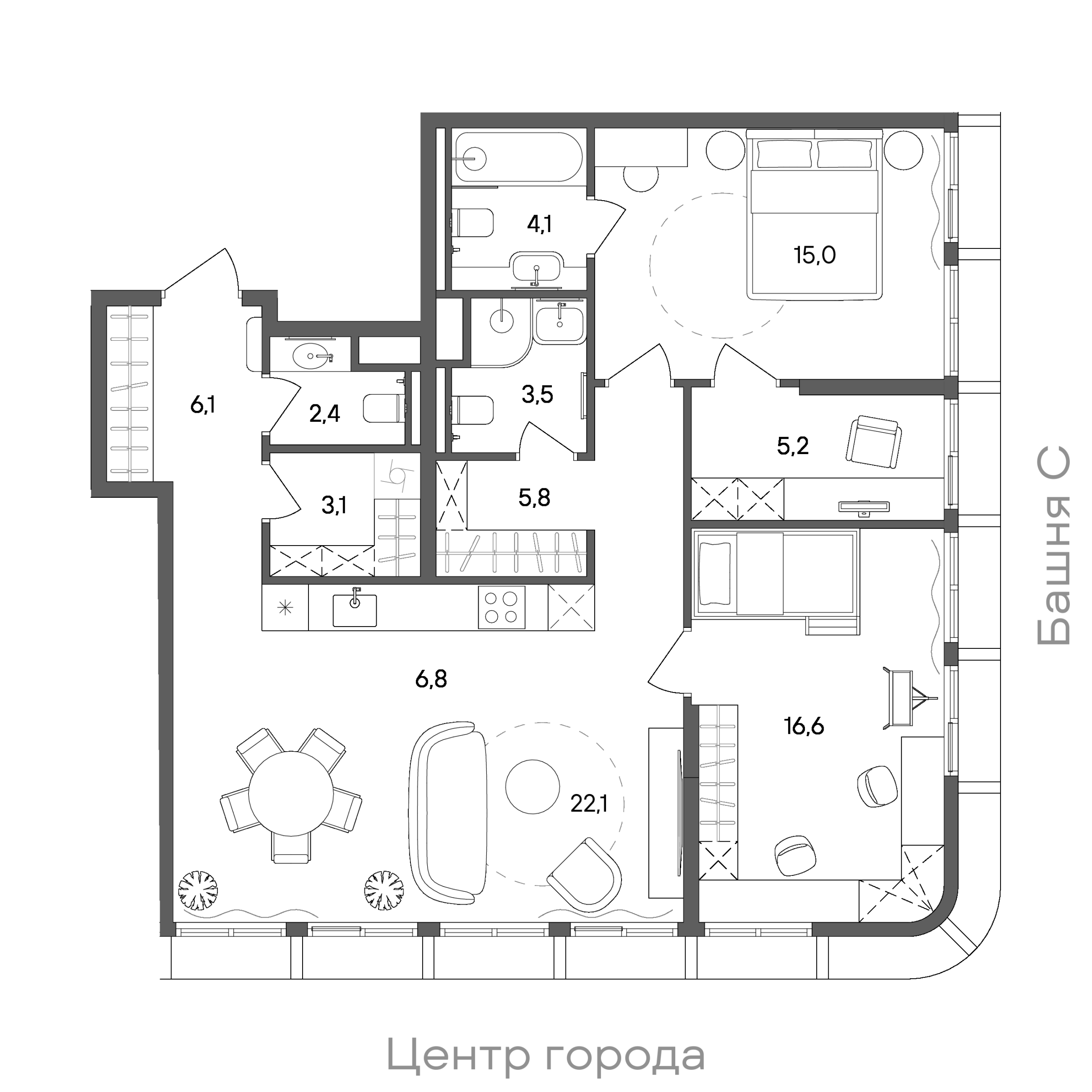 Планировка: 2-комнатная, 90,7 м²