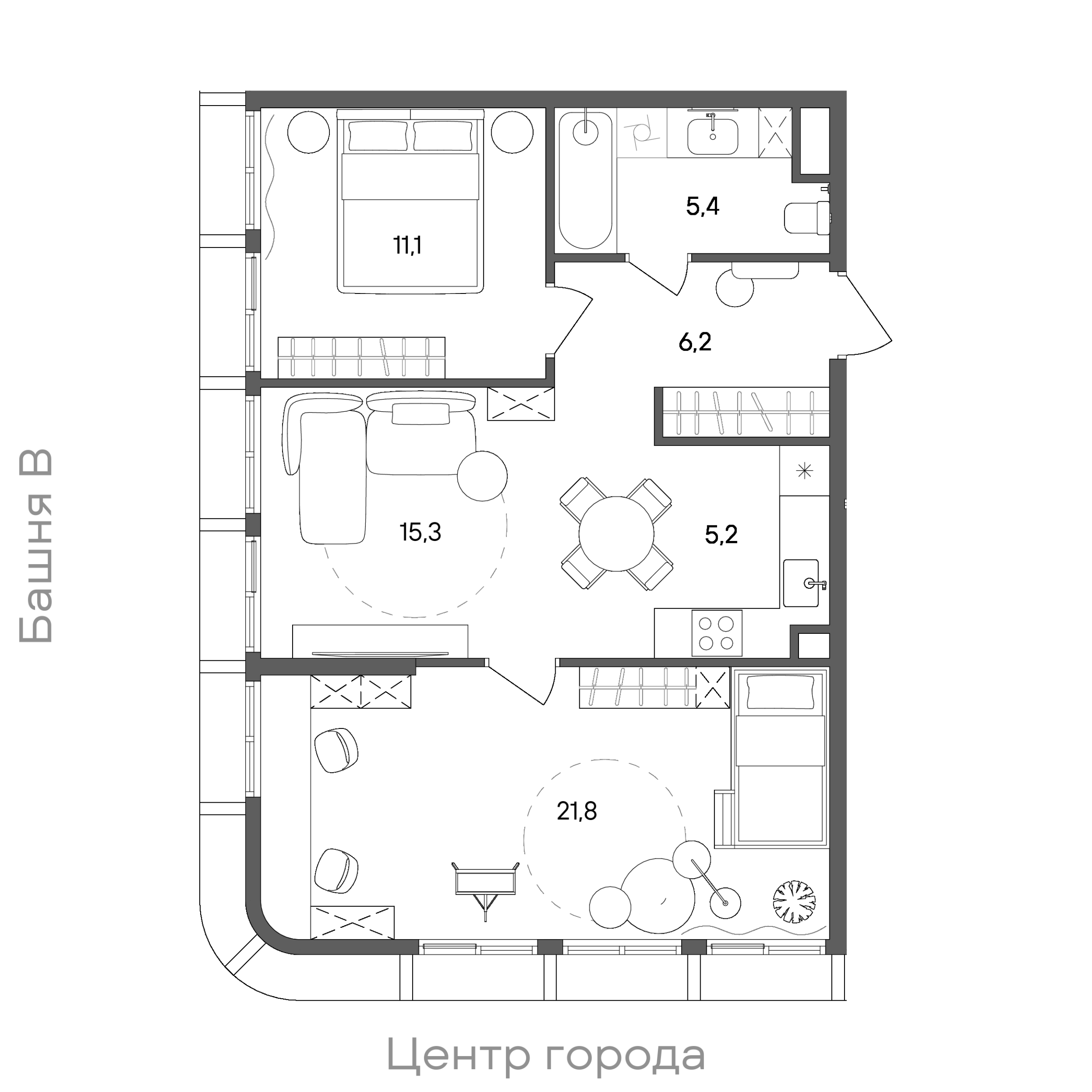 Планировка: 2-комнатная, 65 м²