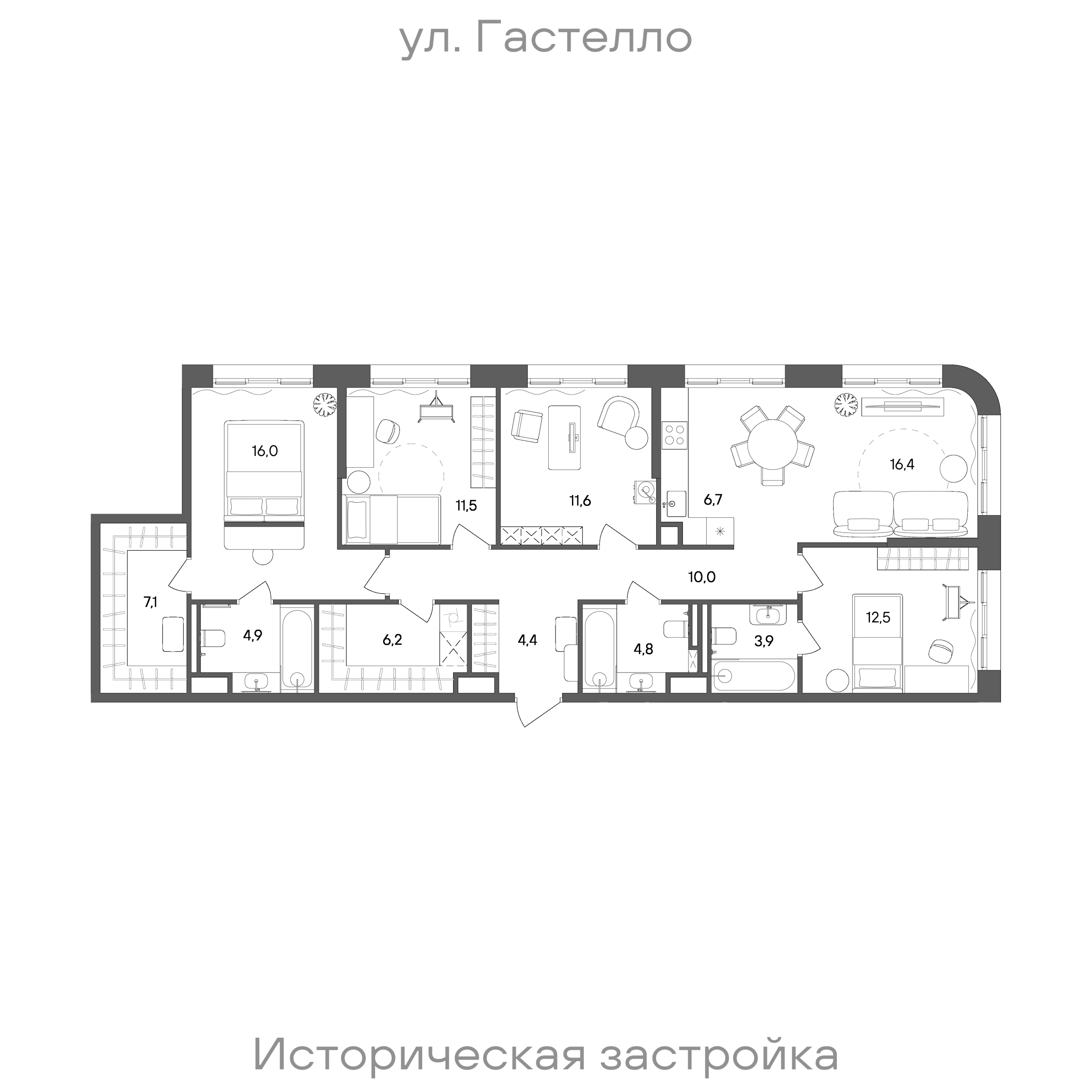Планировка: 4-комнатная, 116 м²